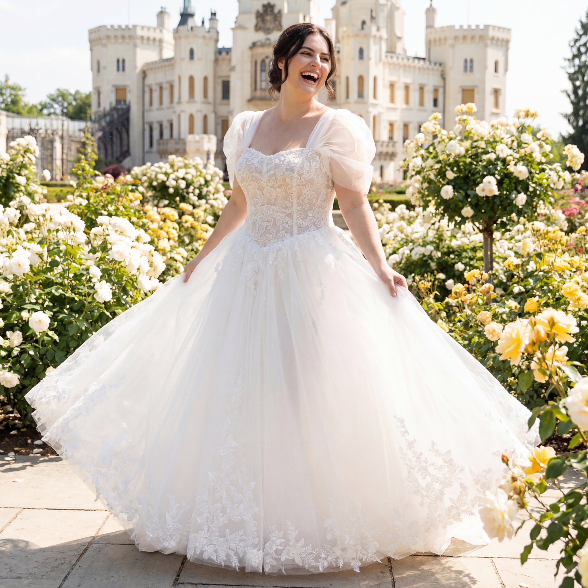hochzeitsrausch Brautmoden - Brautkleid mit Spitzen und Puffärmeln in romantischem Garten-Setting vor Schloss