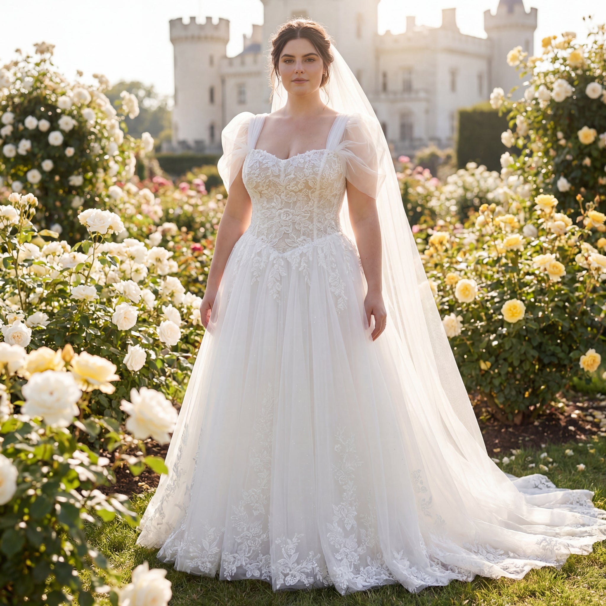 hochzeitsrausch Brautmoden - Brautkleid mit Spitzen und Tüllschleier in romantischem Rosengarten vor Schlosskulisse