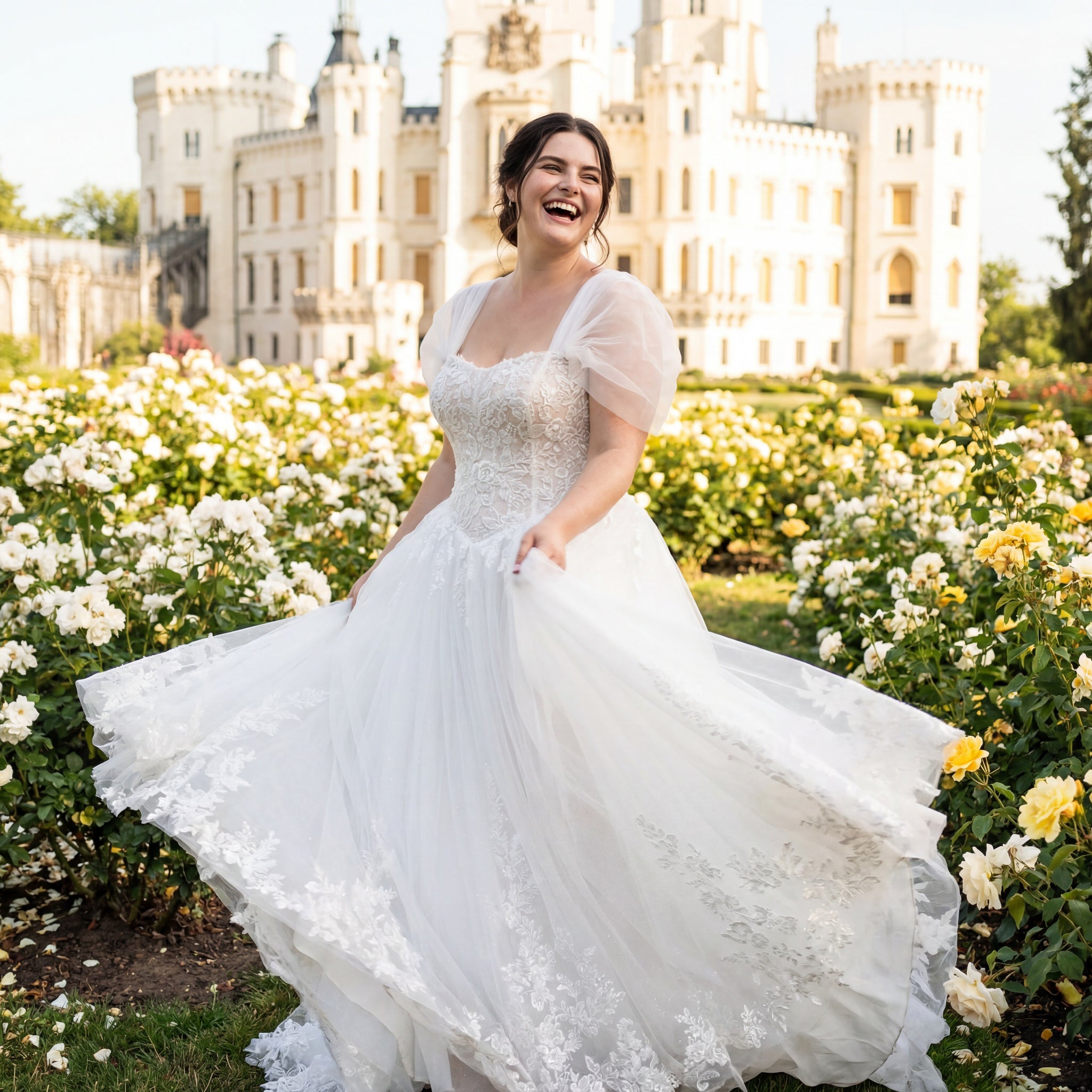 hochzeitsrausch Brautmoden - Brautkleid mit Spitzen und Tüllrock, romantische Gartenkulisse vor Schloss im Hintergrund