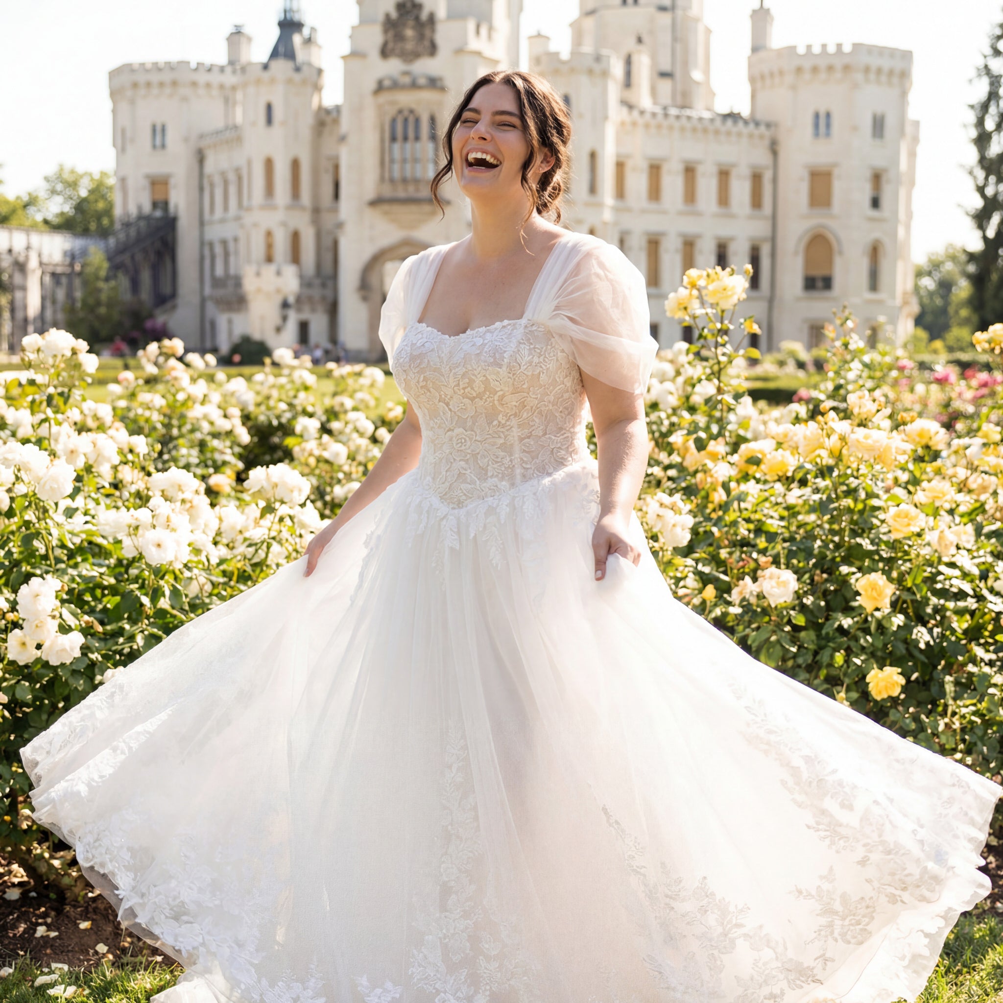 hochzeitsrausch Brautmoden - Brautkleid mit Spitzen und Tüllrock in romantischem Garten vor Schlosskulisse
