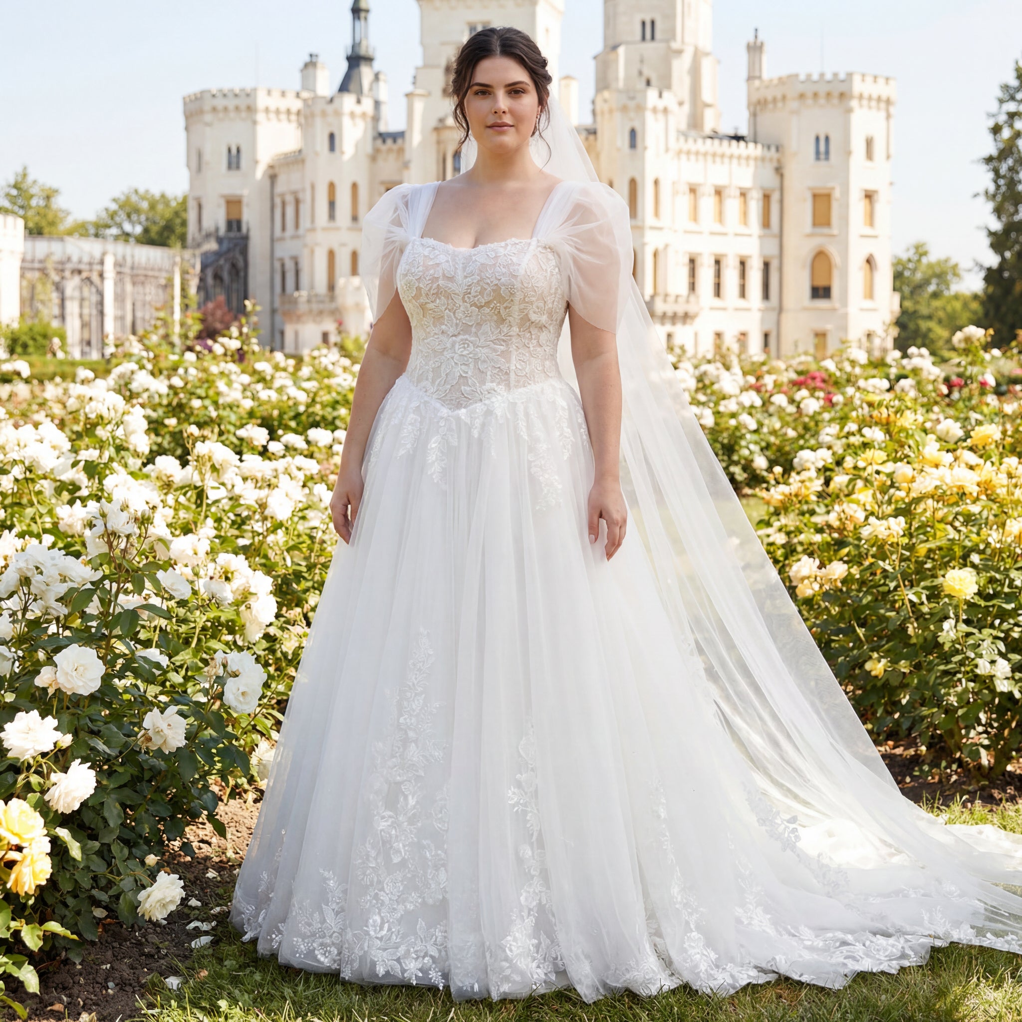 hochzeitsrausch Brautmoden - Elegantes Brautkleid mit Spitzen und Tüllärmeln vor romantischem Schlossgarten