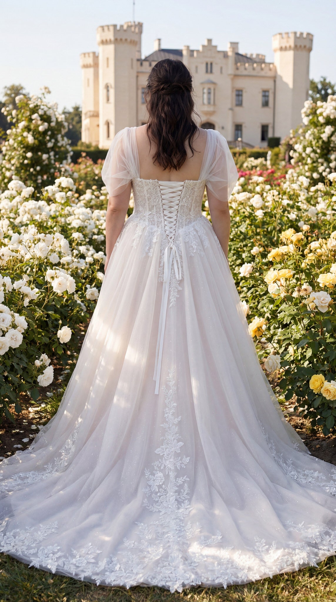hochzeitsrausch Brautmoden - Brautkleid mit Spitzenrücken und Tüllrock vor Schlosskulisse, romantische Gartenatmosphäre