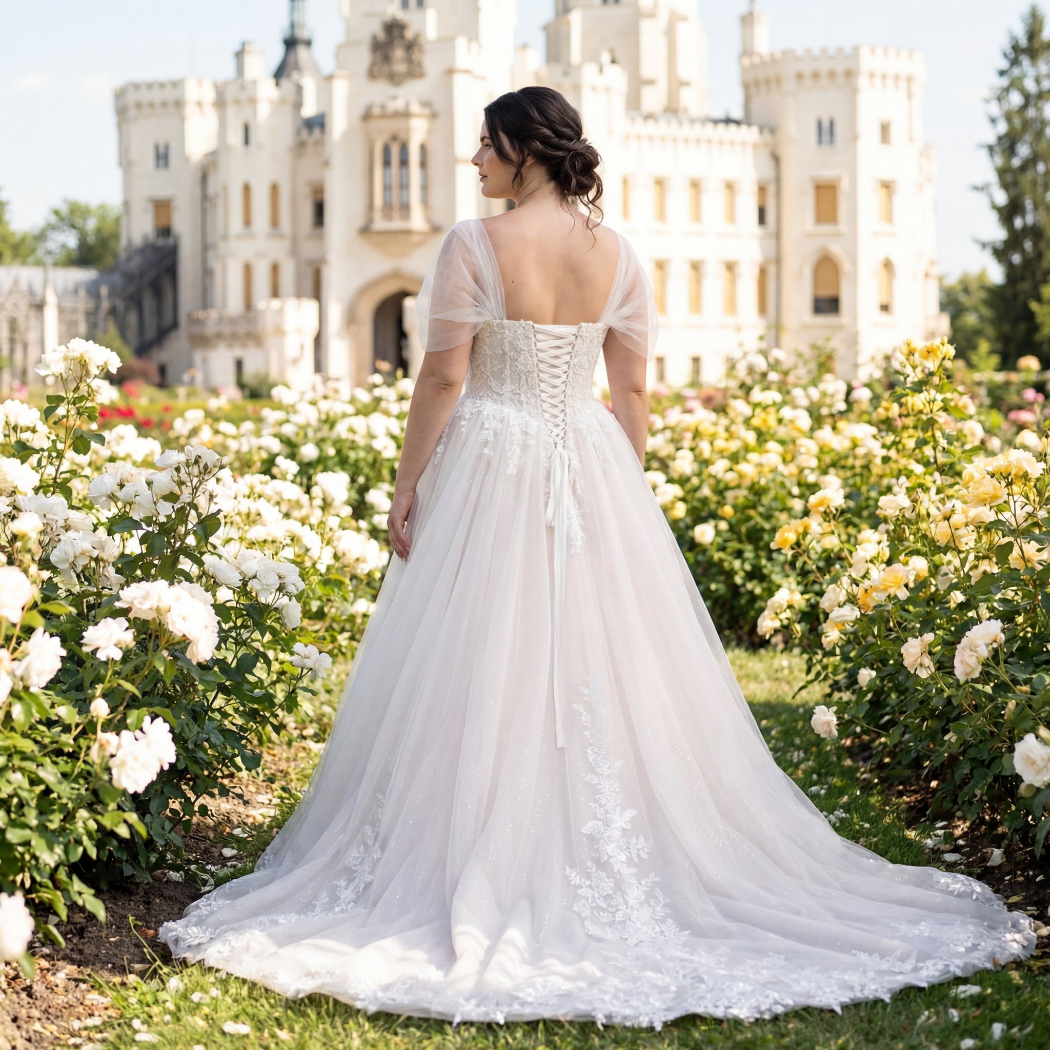 hochzeitsrausch Brautmoden - Brautkleid mit Spitzenapplikationen und Schnuerruecken in romantischem Schlossgarten-Setting
