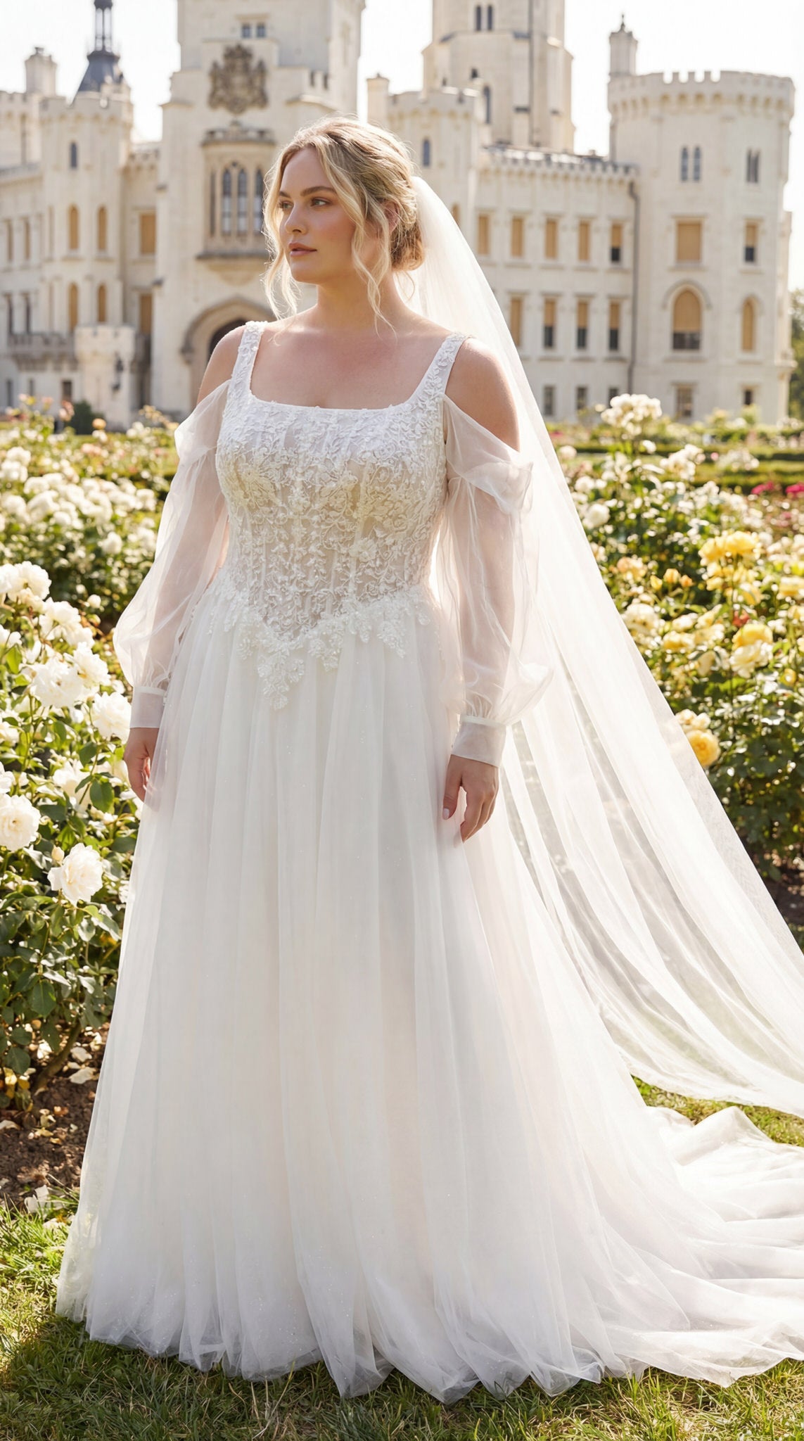 hochzeitsrausch Brautmoden - Elegantes Brautkleid mit transparenten Ärmeln und Spitzenapplikationen im Schlossgarten