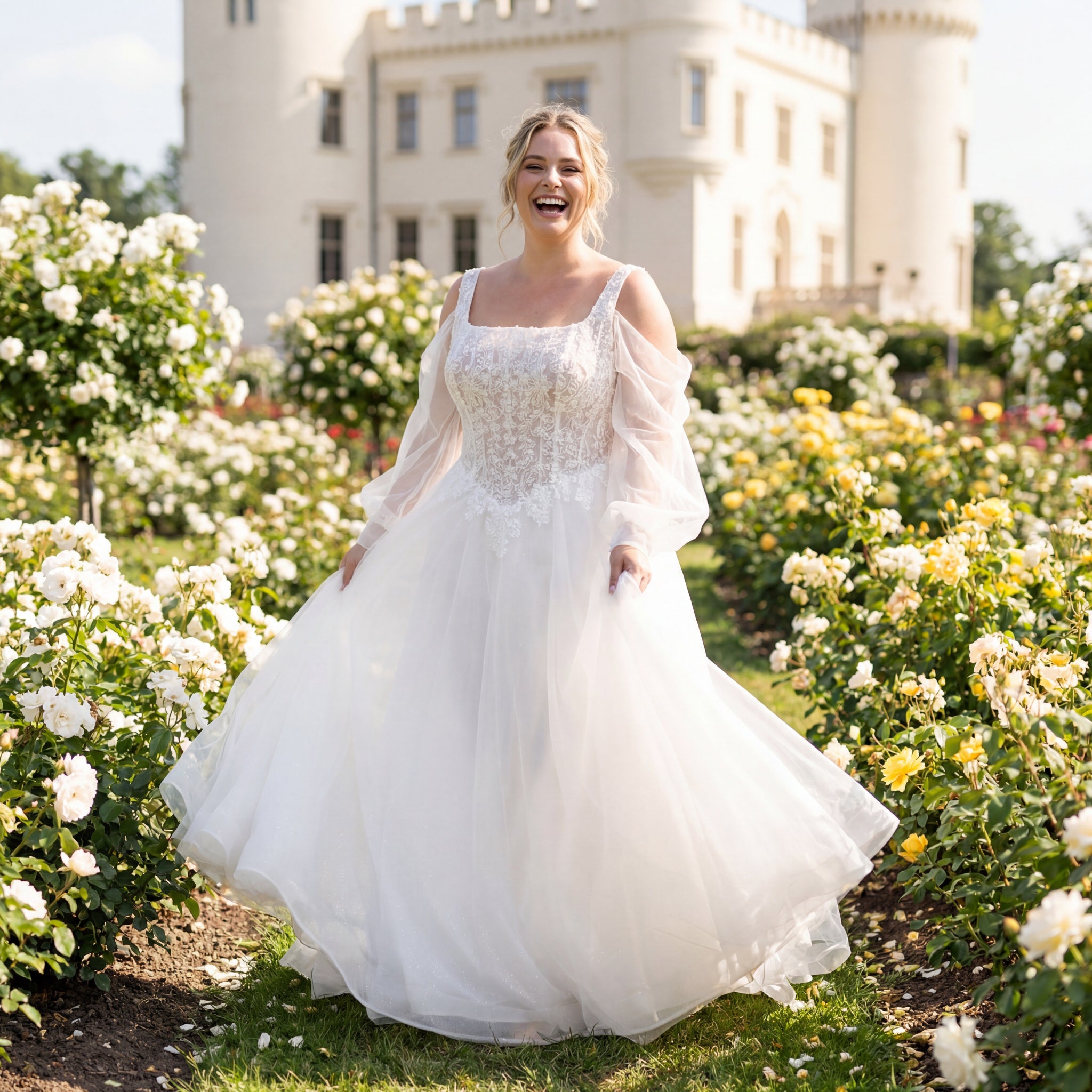 hochzeitsrausch Brautmoden - Brautkleid mit Spitzen und Tüllrock in romantischem Rosengarten-Setting