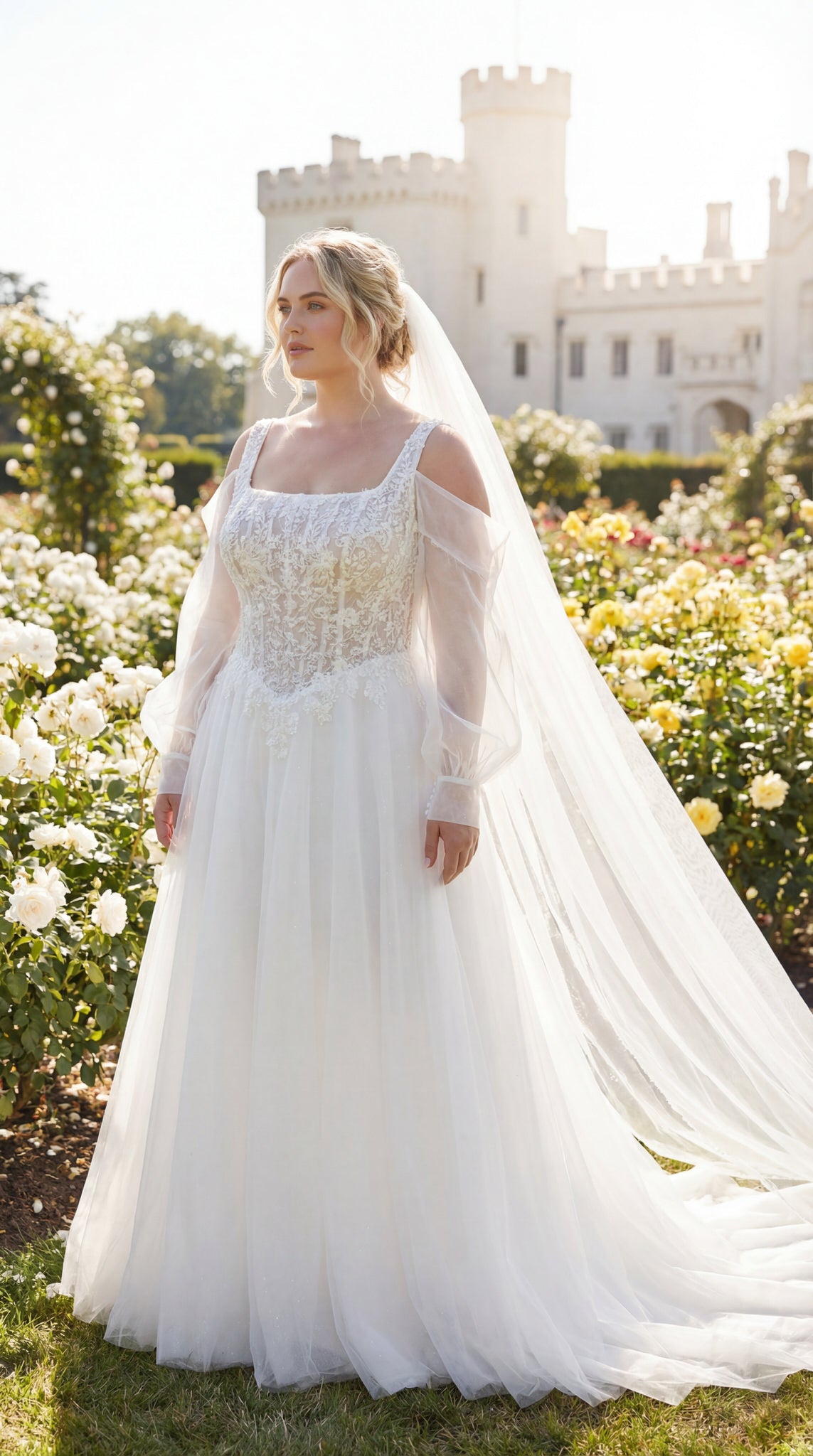 hochzeitsrausch Brautmoden - Brautkleid mit Spitzenoberteil und langen Ärmeln in romantischem Schlossgarten-Setting