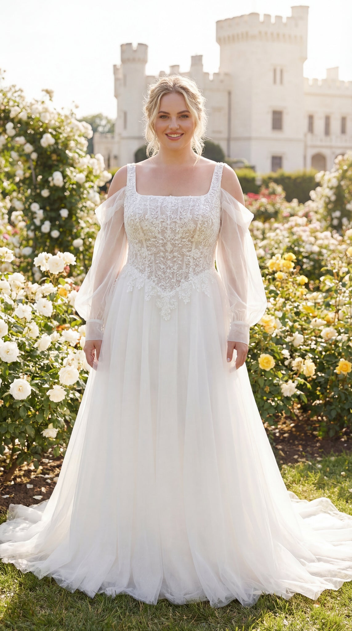 hochzeitsrausch Brautmoden - Brautkleid mit Spitzenoberteil und transparenten Ärmeln im romantischen Schlossgarten