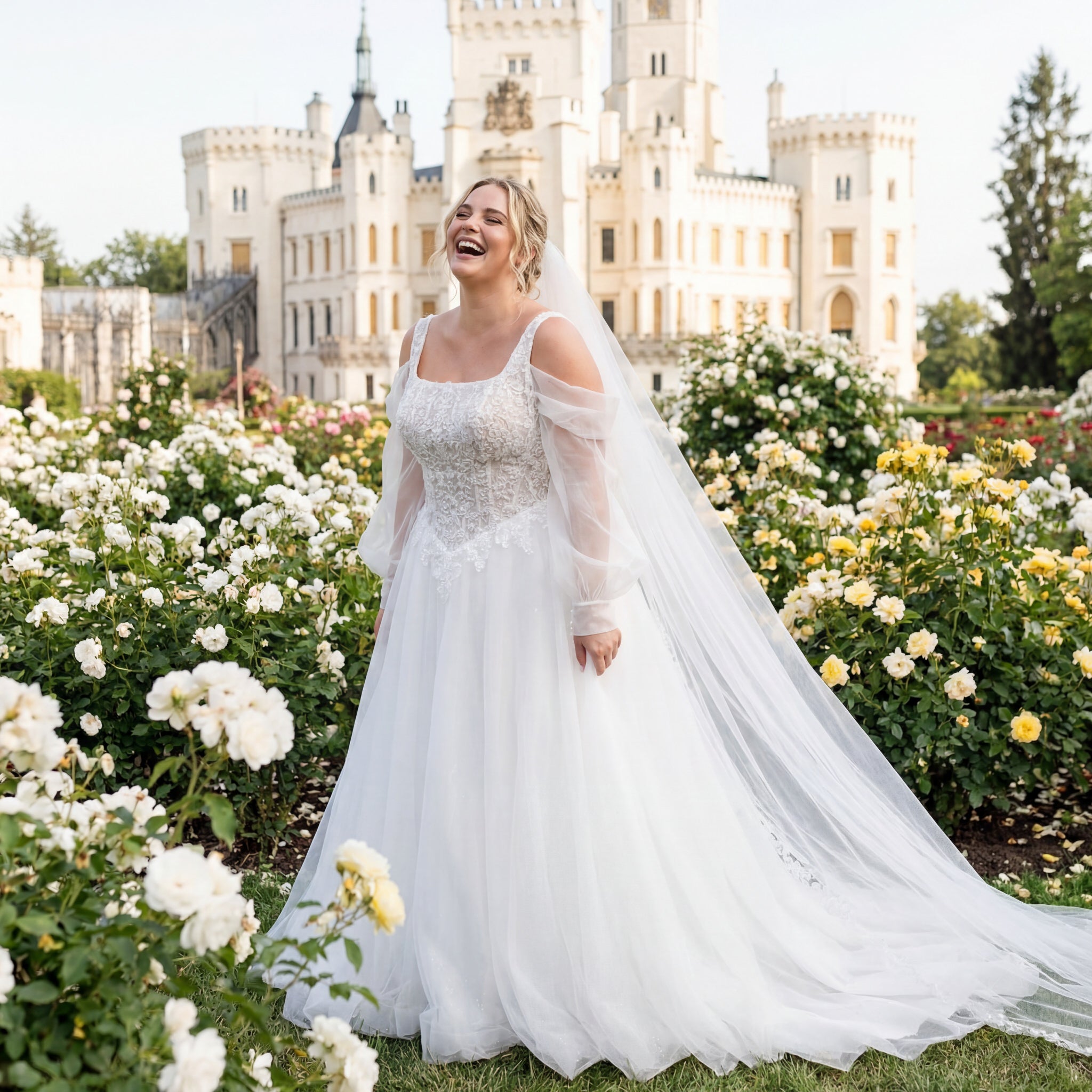 hochzeitsrausch Brautmoden - Brautkleid mit Spitzenoberteil und Tüllrock in romantischem Garten-Setting