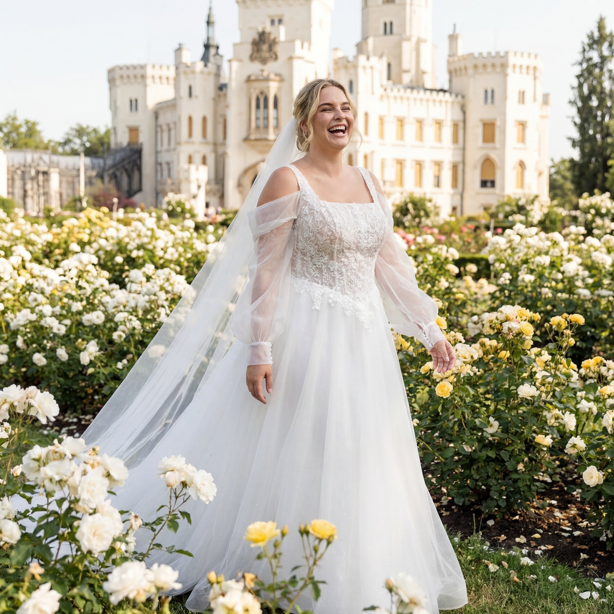hochzeitsrausch Brautmoden - Brautkleid mit Spitzenoberteil und langen Ärmeln im romantischen Rosengarten