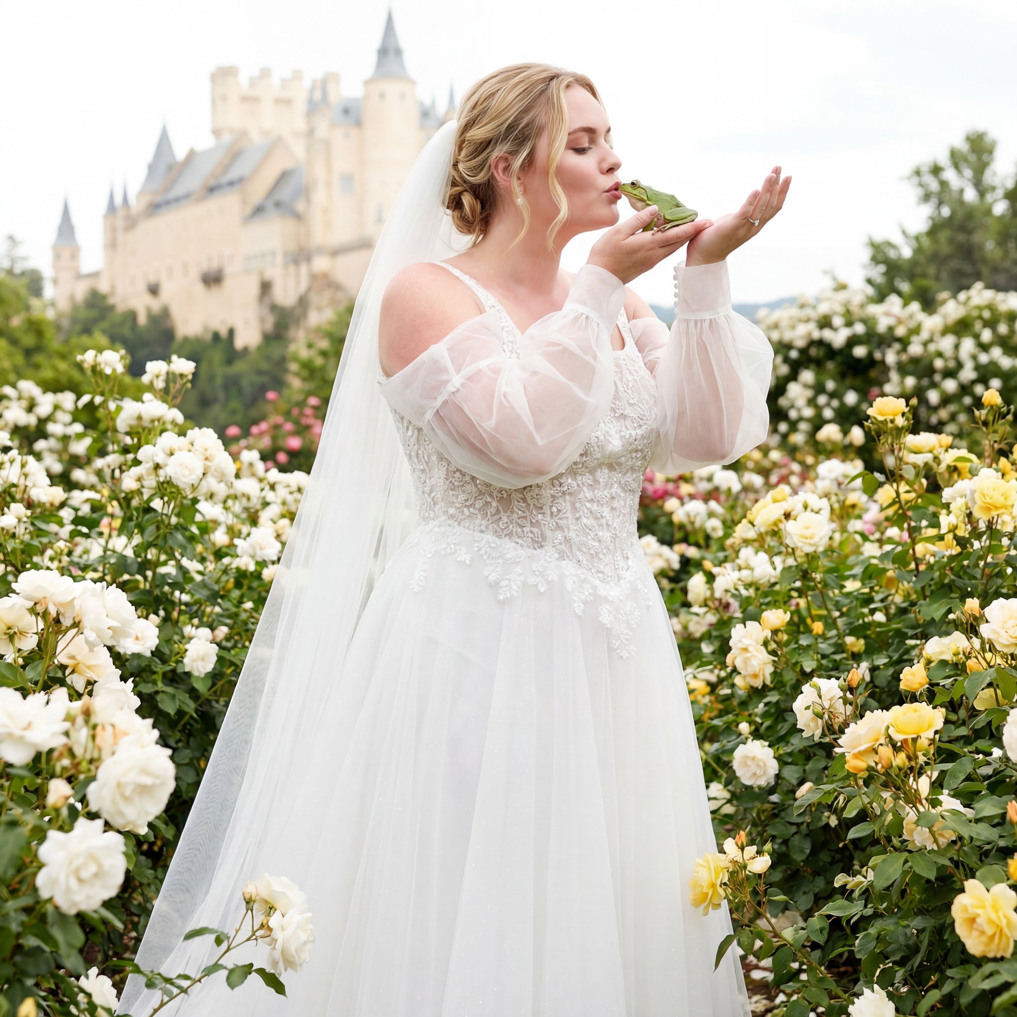 hochzeitsrausch Brautmoden - Brautkleid mit Spitzen und Tüll, romantische Gartenkulisse, märchenhafte Stimmung