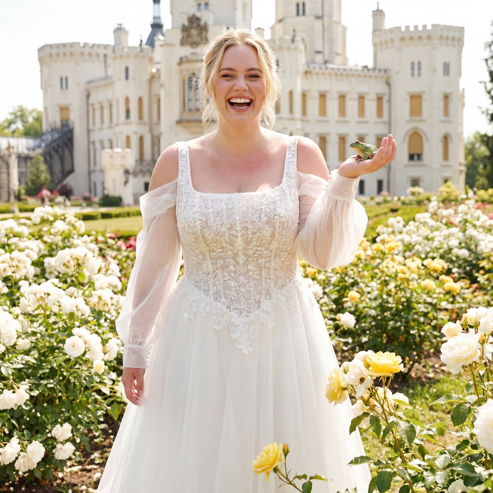 hochzeitsrausch Brautmoden - Brautkleid mit Spitzenoberteil und langen Ärmeln im Schlossgarten, romantische Stimmung