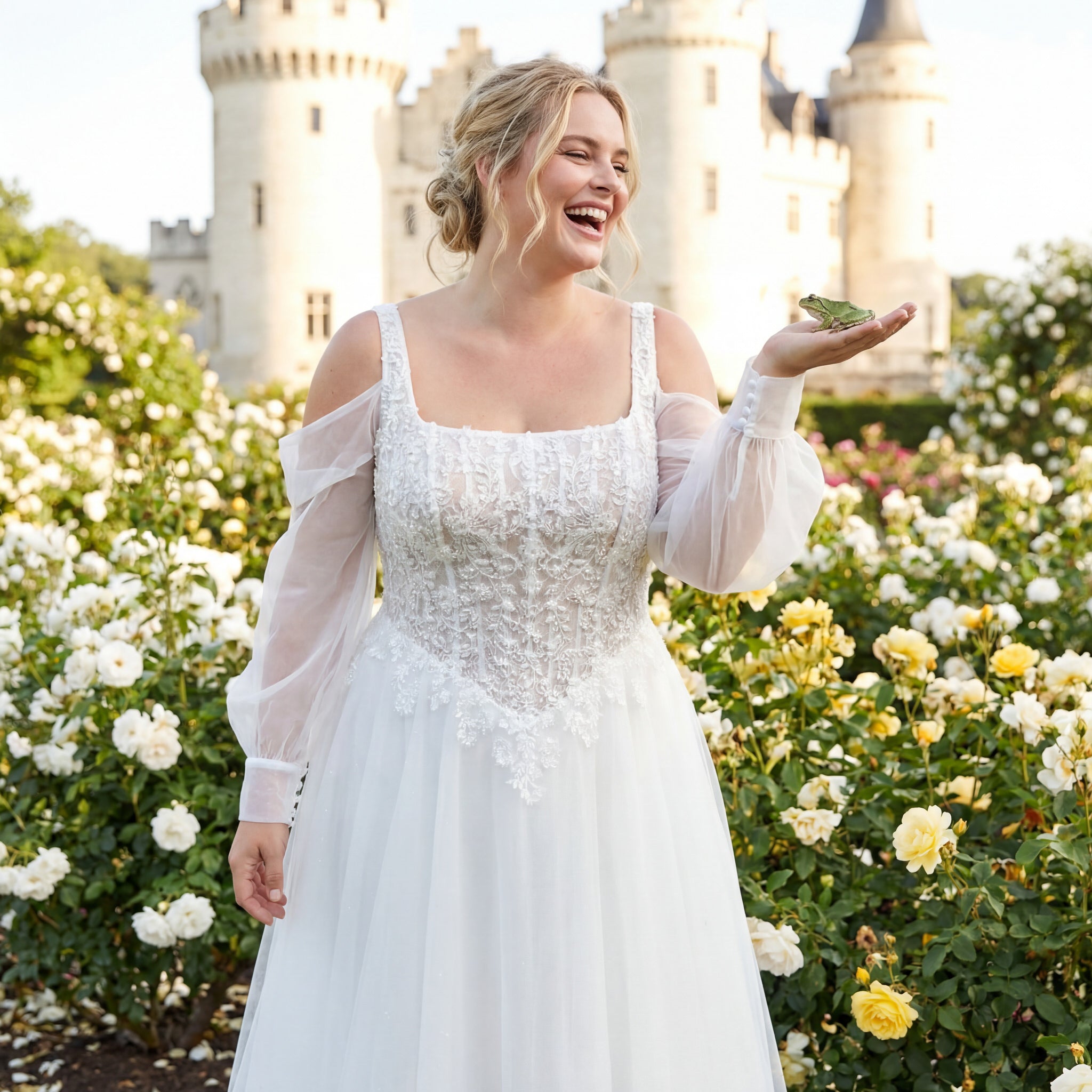 hochzeitsrausch Brautmoden - Brautkleid mit Spitzen und langen Ärmeln in romantischem Schlossgarten-Setting