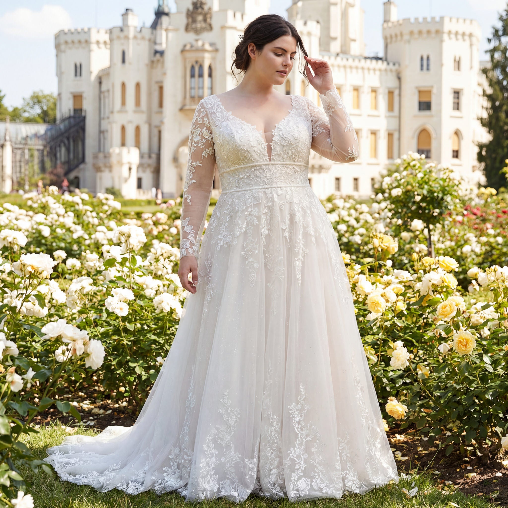 hochzeitsrausch Brautmoden - Spitzenbesetztes Brautkleid mit langen Ärmeln in romantischem Schlossgarten-Setting