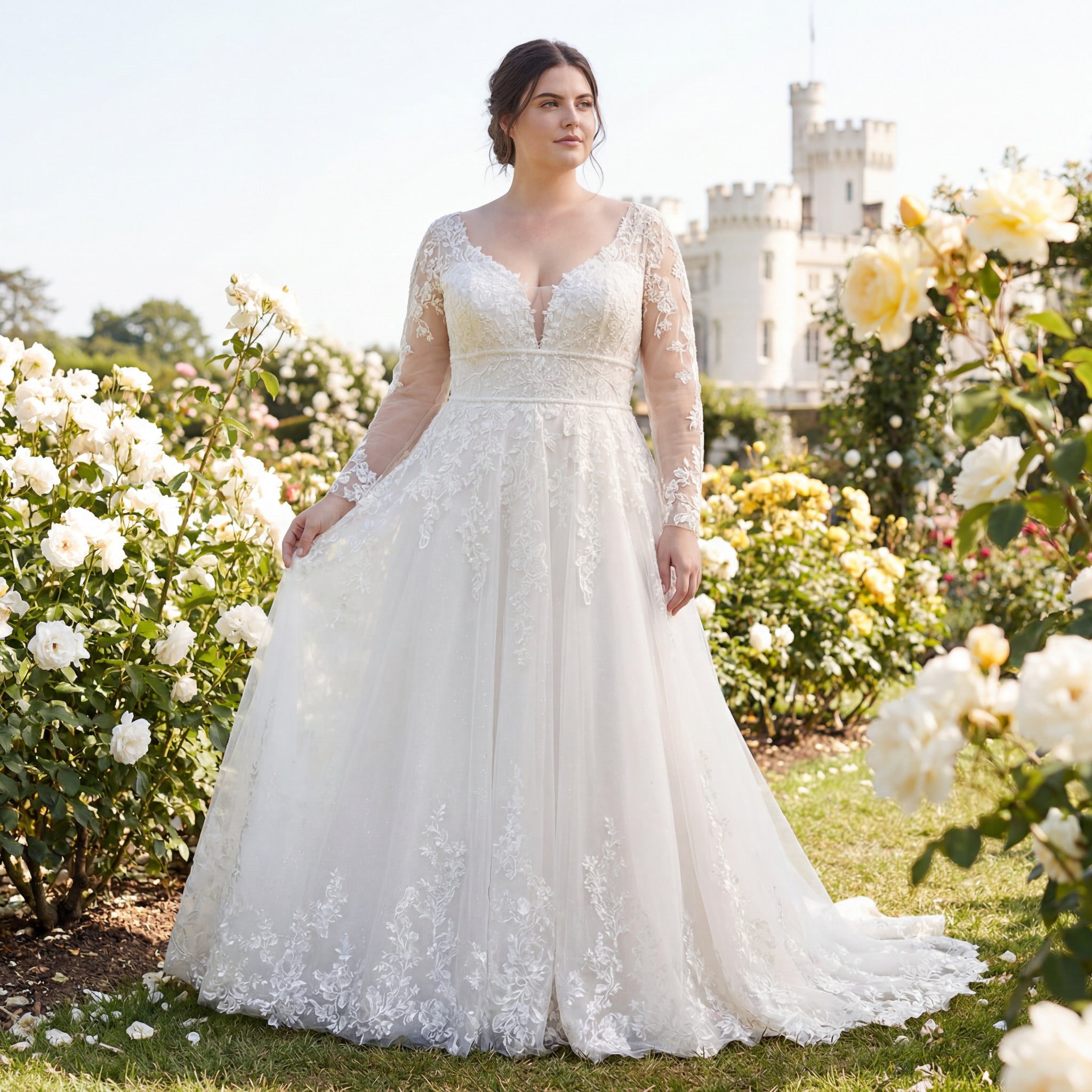 hochzeitsrausch Brautmoden - Brautkleid mit Spitzenärmeln und V-Ausschnitt im Rosengarten vor Schlosskulisse
