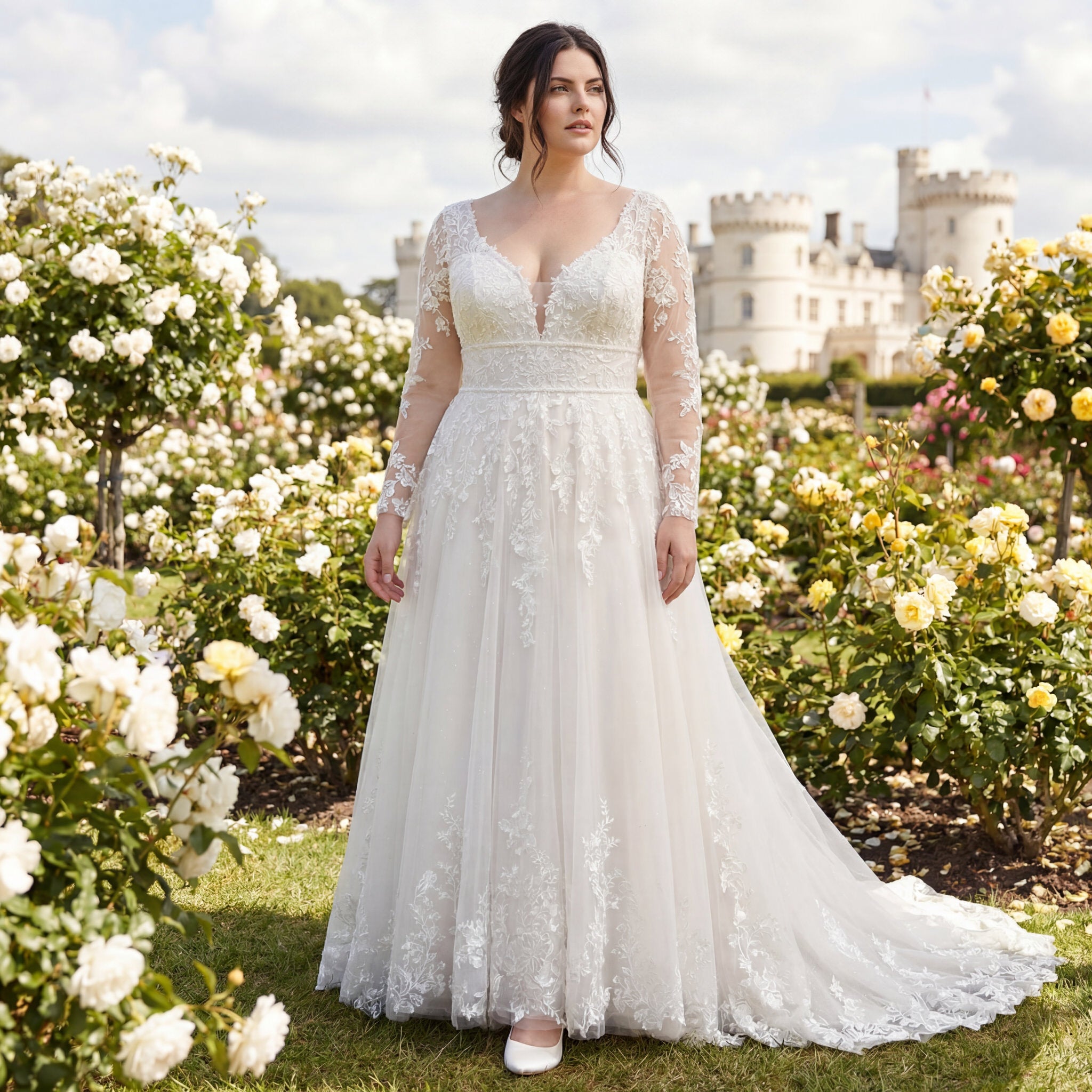 hochzeitsrausch Brautmoden - Brautkleid mit Spitzenärmeln und V-Ausschnitt in romantischem Rosengarten-Setting