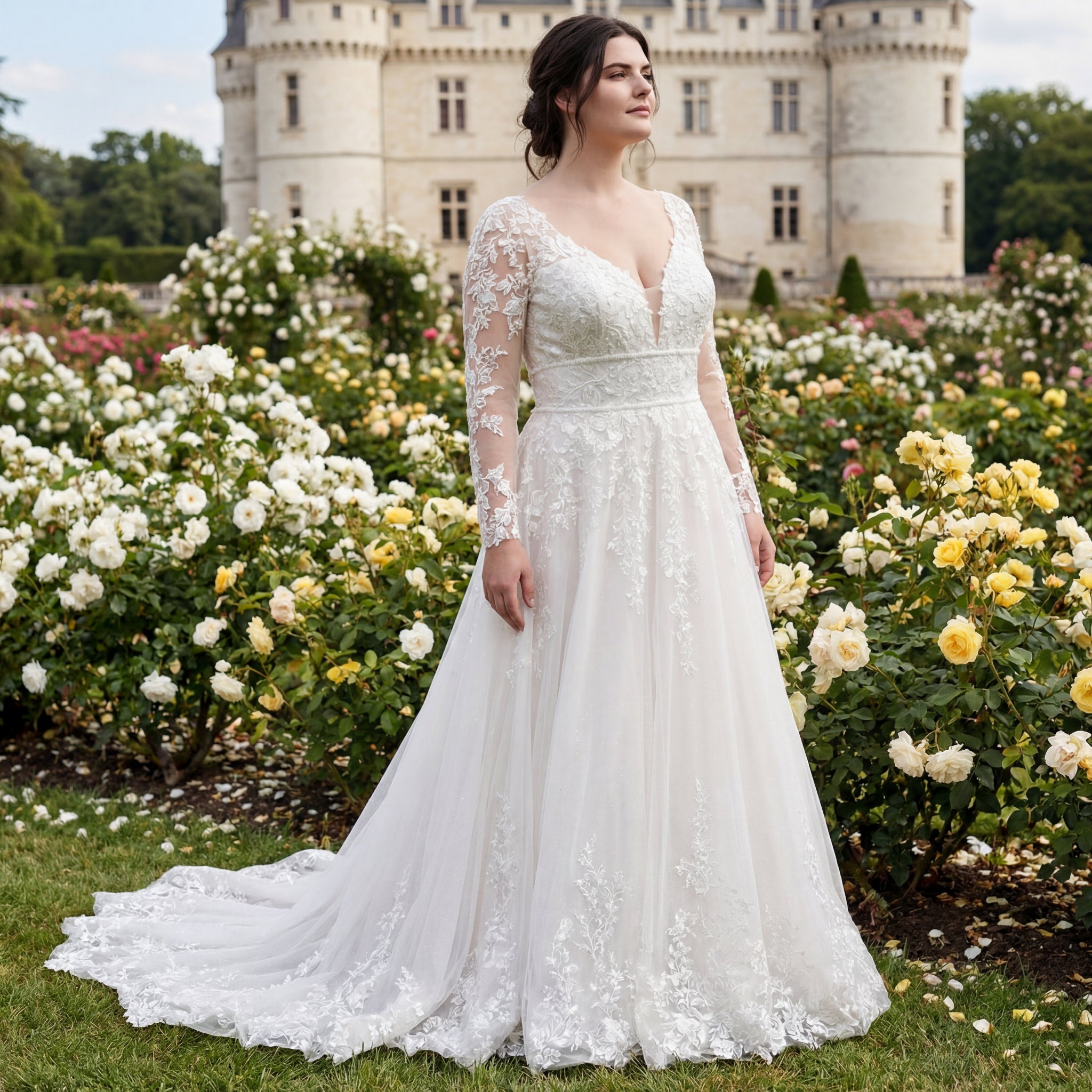 hochzeitsrausch Brautmoden - Brautkleid mit Spitzenärmeln und V-Ausschnitt vor Schlosskulisse