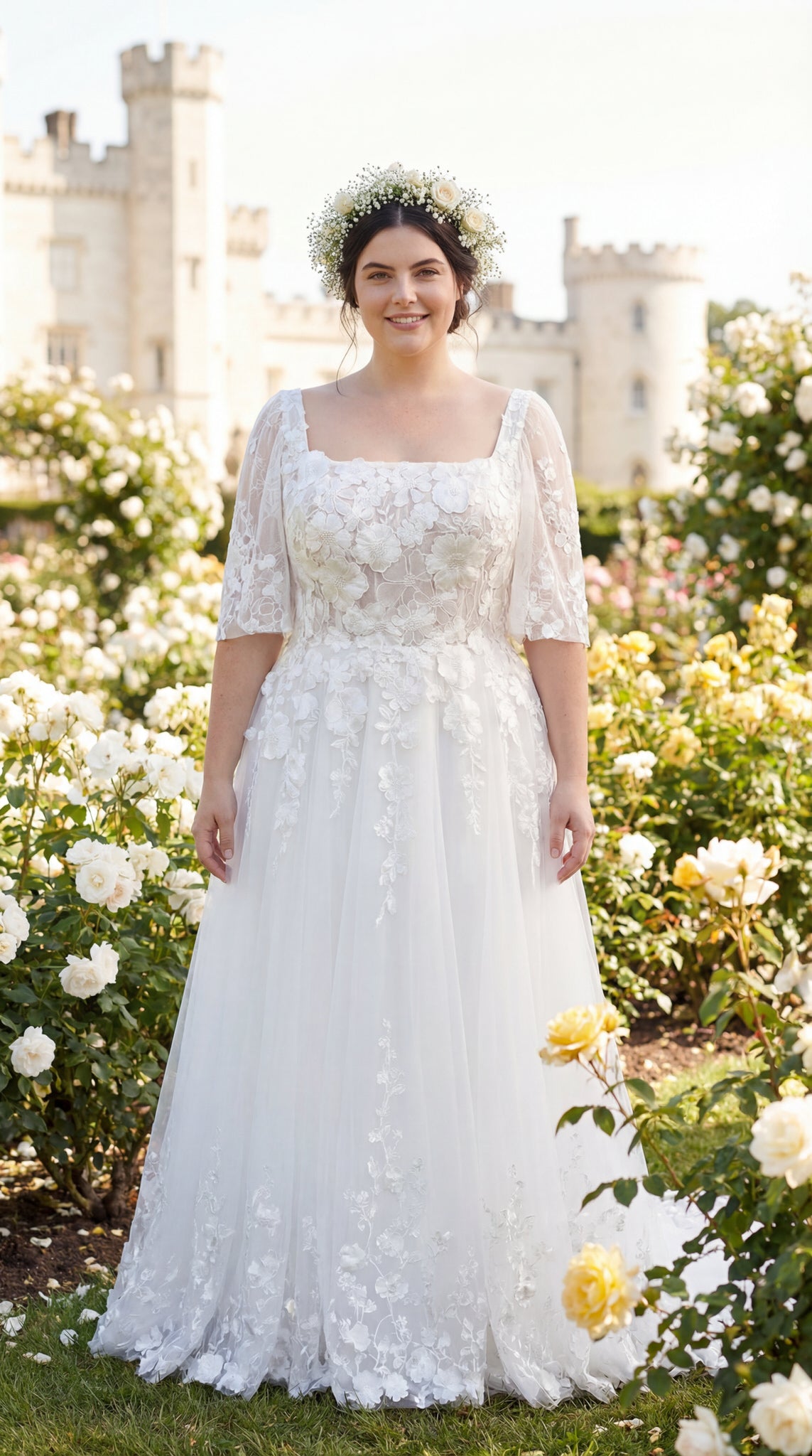 hochzeitsrausch Brautmoden - Brautkleid mit floraler Spitze und kurzen Ärmeln in romantischem Garten-Setting