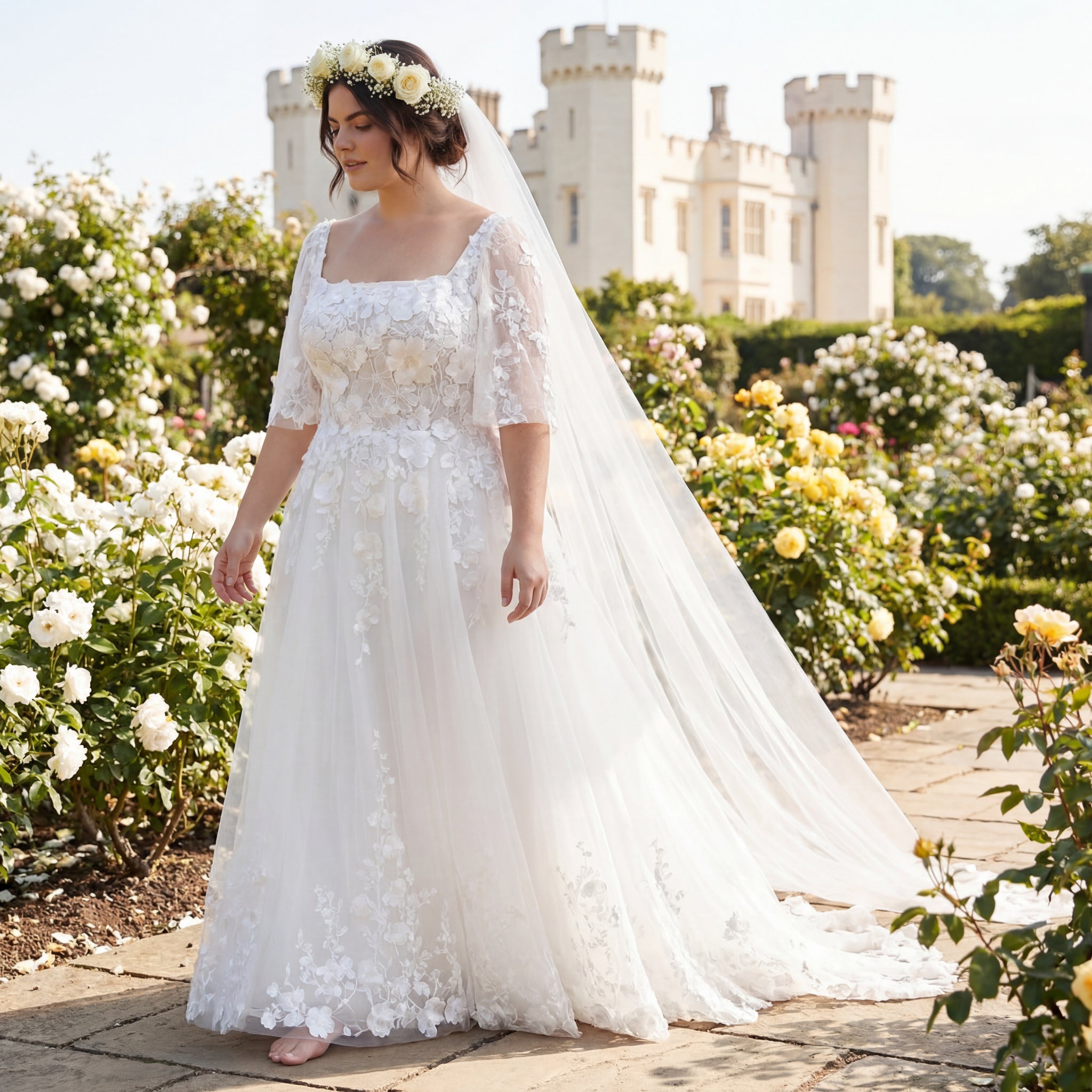 hochzeitsrausch Brautmoden - Brautkleid mit Spitzen und Blumenkranz im romantischen Schlossgarten