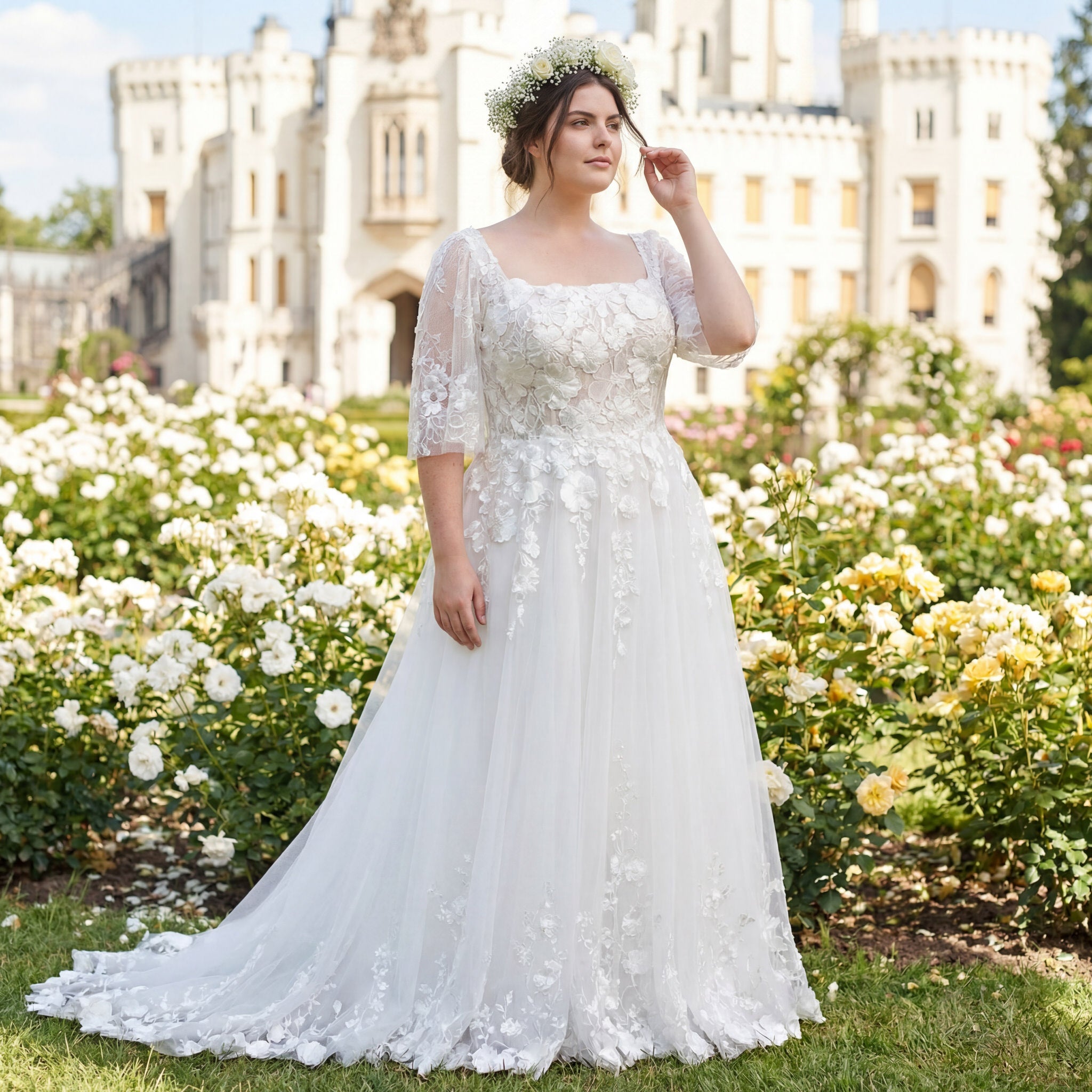 hochzeitsrausch Brautmoden - Brautkleid mit floralen Spitzen und Tüllrock vor Schlosskulisse, romantisch und elegant