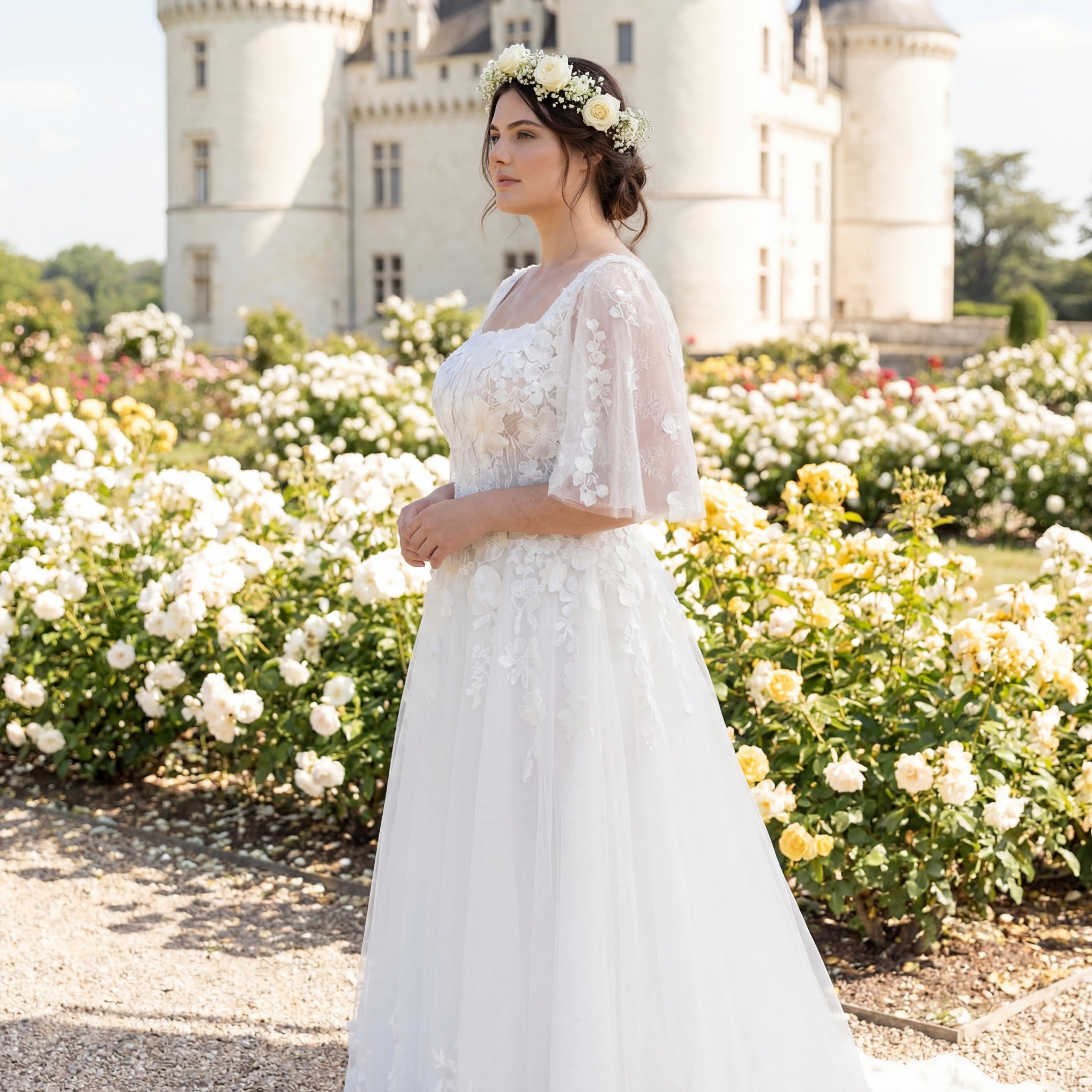 hochzeitsrausch Brautmoden - Elegantes Brautkleid mit floralen Spitzen und kurzen Ärmeln vor romantischer Schlosskulisse