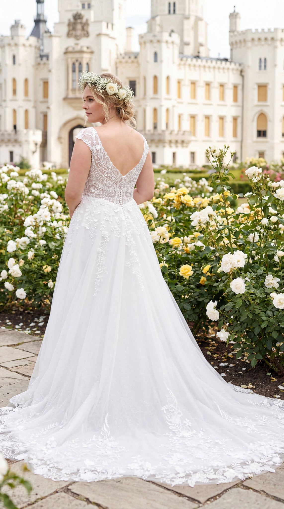 hochzeitsrausch Brautmoden - Brautkleid mit Spitzenrücken und Blumenkranz im Haar vor Schlosskulisse