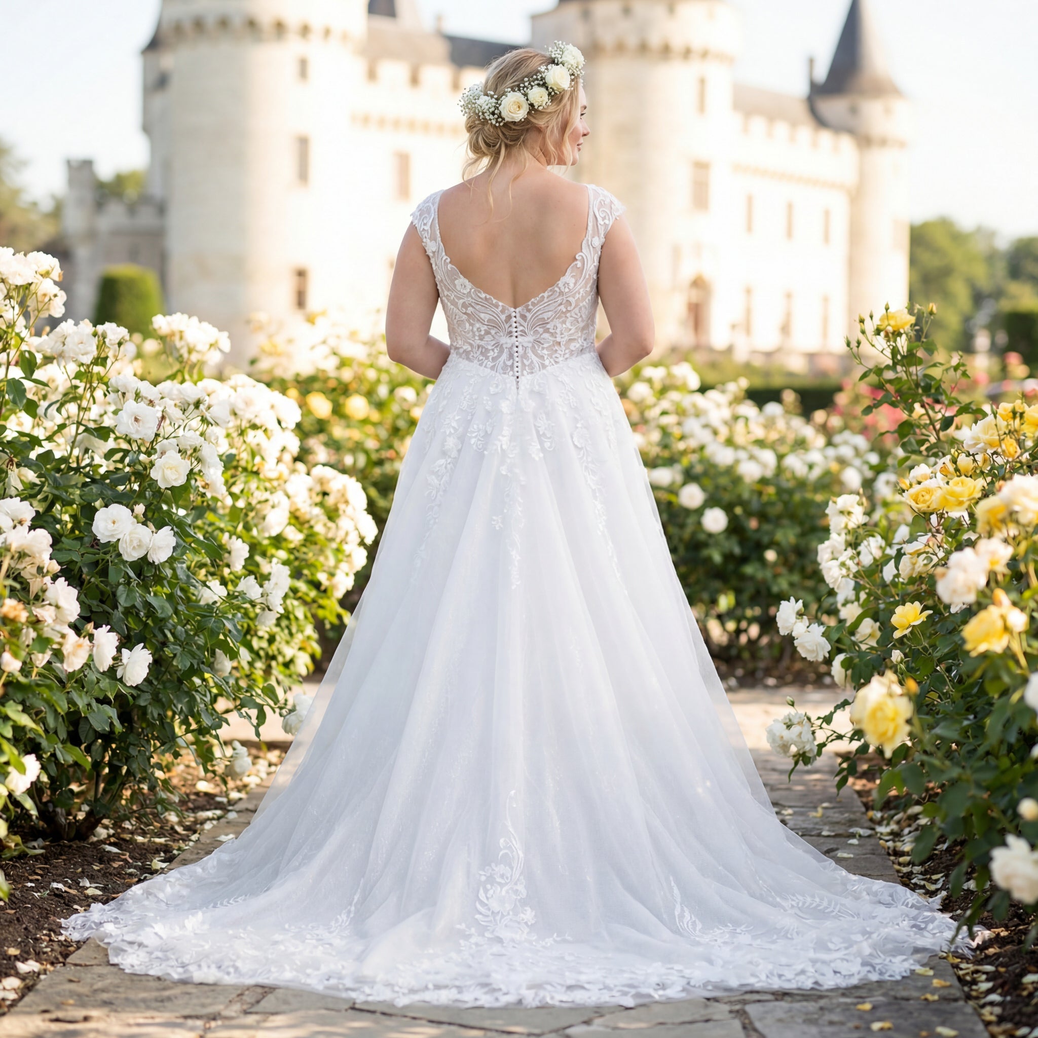 hochzeitsrausch Brautmoden - Brautkleid mit Spitzenrücken und Blumenkranz im Garten vor Schlosskulisse