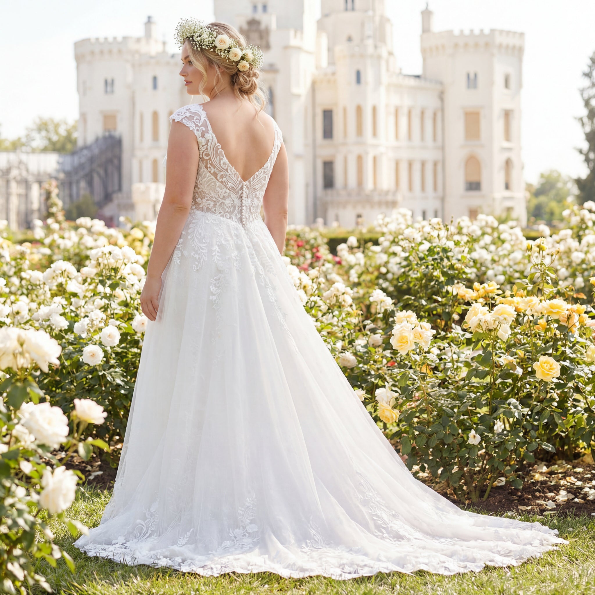 hochzeitsrausch Brautmoden - Brautkleid mit Spitzenrücken und Blumenkranz im Garten vor Schlosskulisse