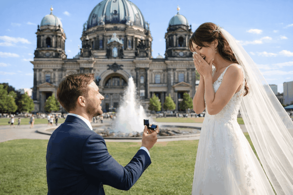 hochzeitsrausch Brautmoden - Brautkleid vor Berliner Dom, romantischer Heiratsantrag im Freien, magische Hochzeitsstimmung