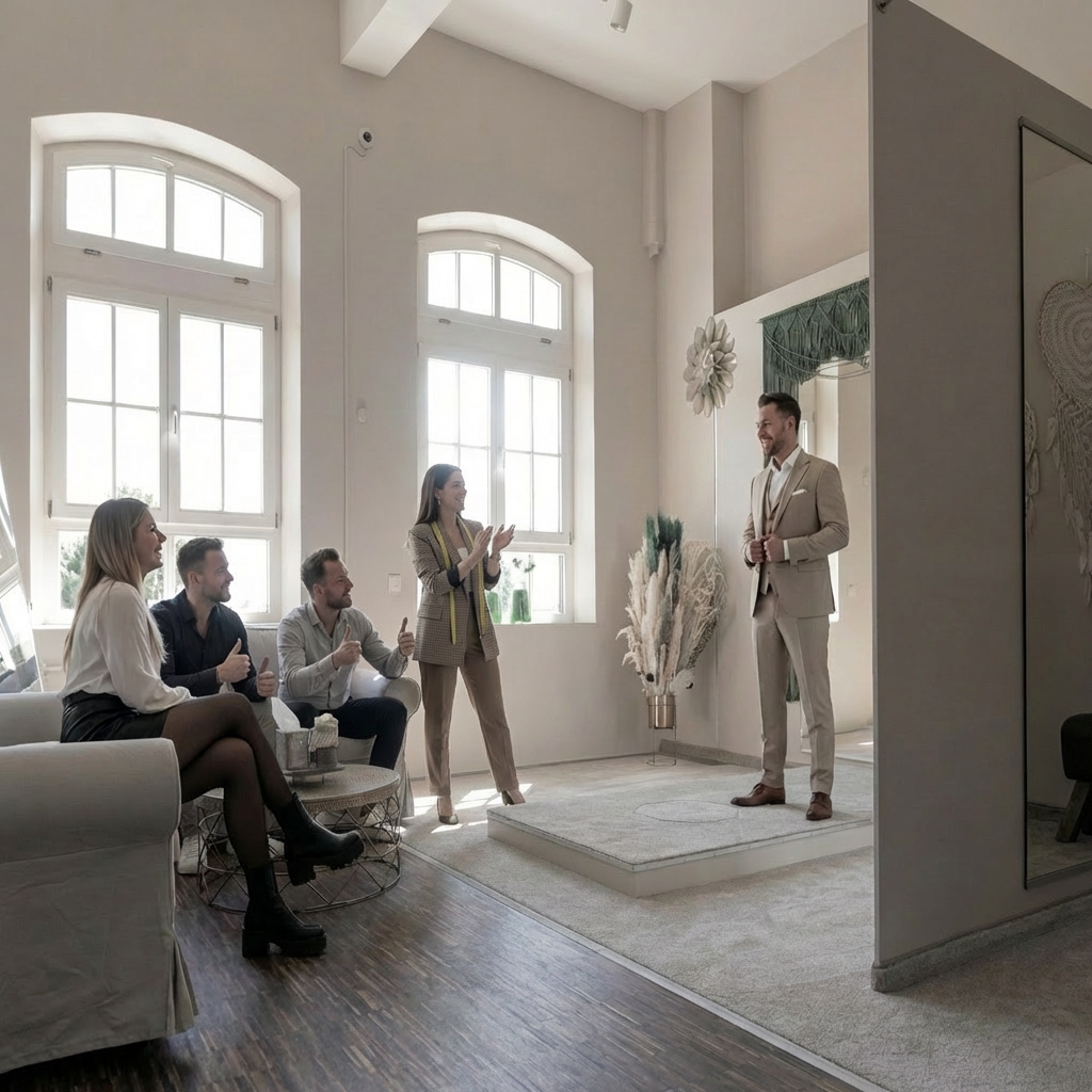 hochzeitsrausch Brautmoden Nuernberg - Beratung für Braeutigam-Anzug in stilvollem Showroom mit elegantem Ambiente