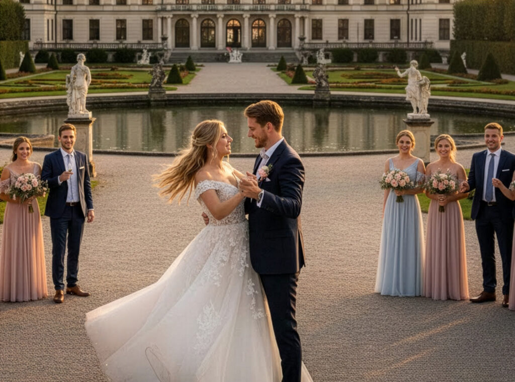hochzeitsrausch Brautmoden - Brautkleid mit Spitzen von Stella York in München, umgeben von Brautjungfern und Trauzeugen