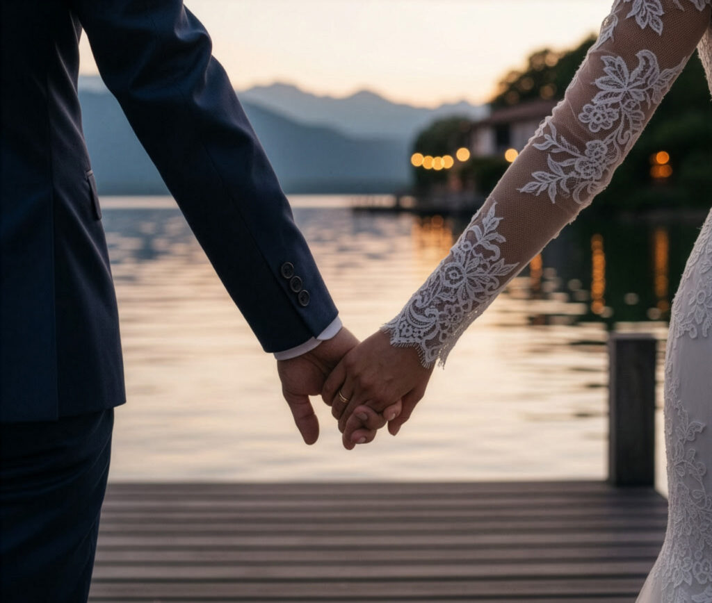 hochzeitsrausch Brautmoden - Brautkleid mit Spitzenärmeln am Seeufer in München bei Sonnenuntergang