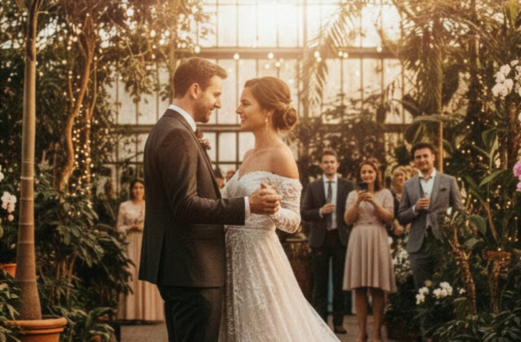 hochzeitsrausch Brautmoden - Brautkleid mit Spitzenärmeln in romantischer Gartenhochzeit in München