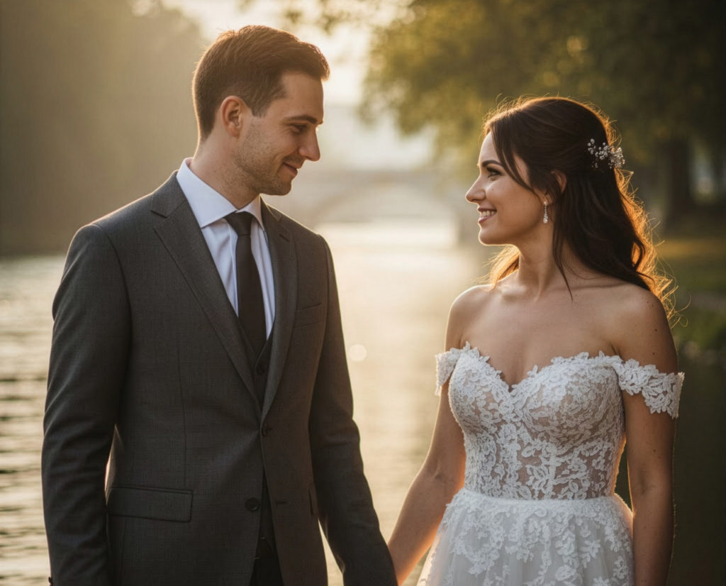 hochzeitsrausch Brautmoden - Brautkleid mit Spitzen und schulterfreiem Design, Braeutigam-Anzug am Flussufer in Muenchen
