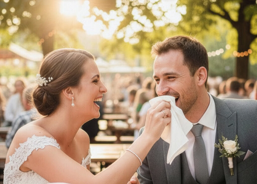 hochzeitsrausch Brautmoden - Brautkleid mit Spitzen und Braeutigam-Anzug in festlicher Sommerhochzeit in Muenchen