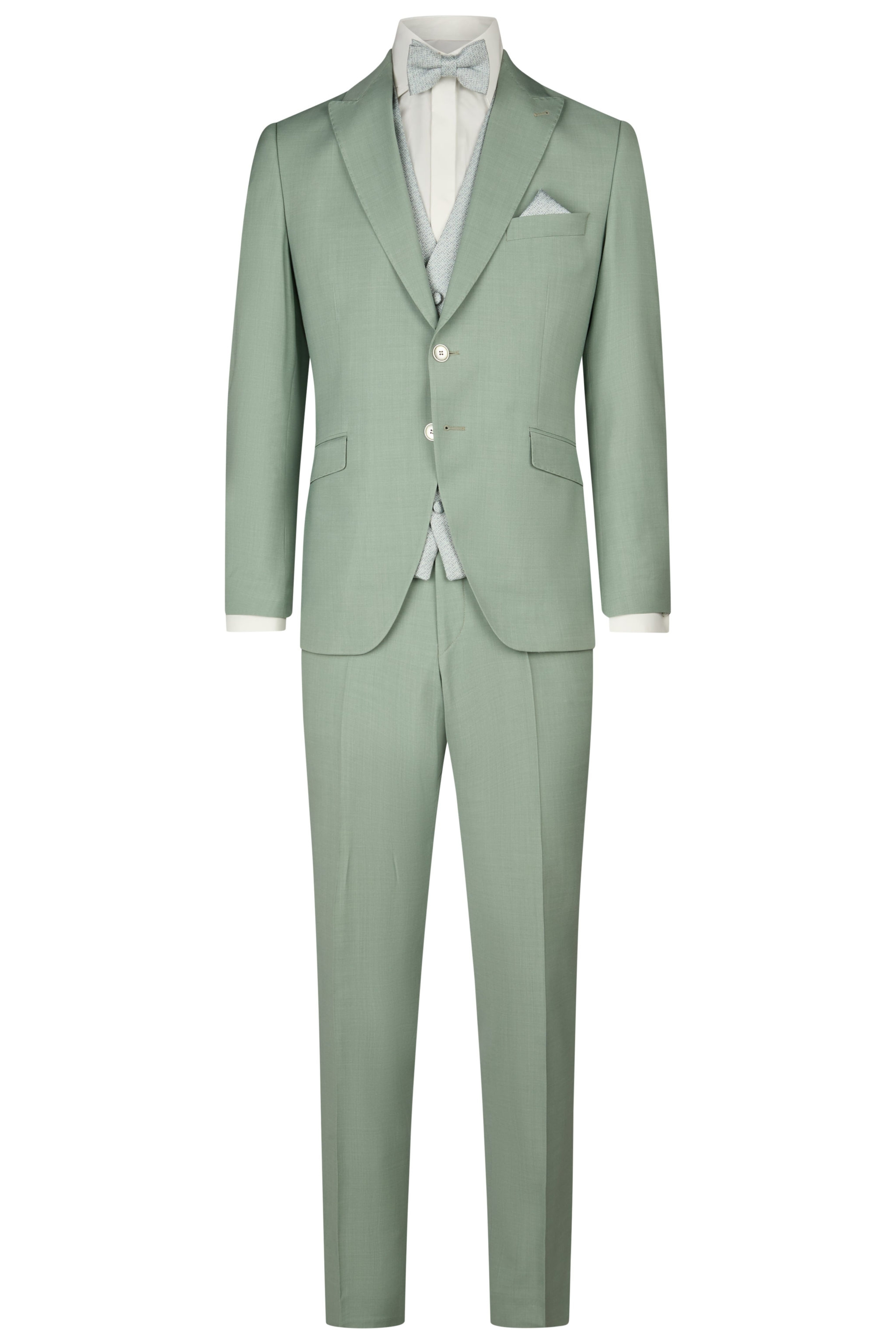 hochzeitsrausch Brautmoden - Wilvorst Bräutigam-Anzug in elegantem Grün mit Weste und Fliege für stilvolle Hochzeiten