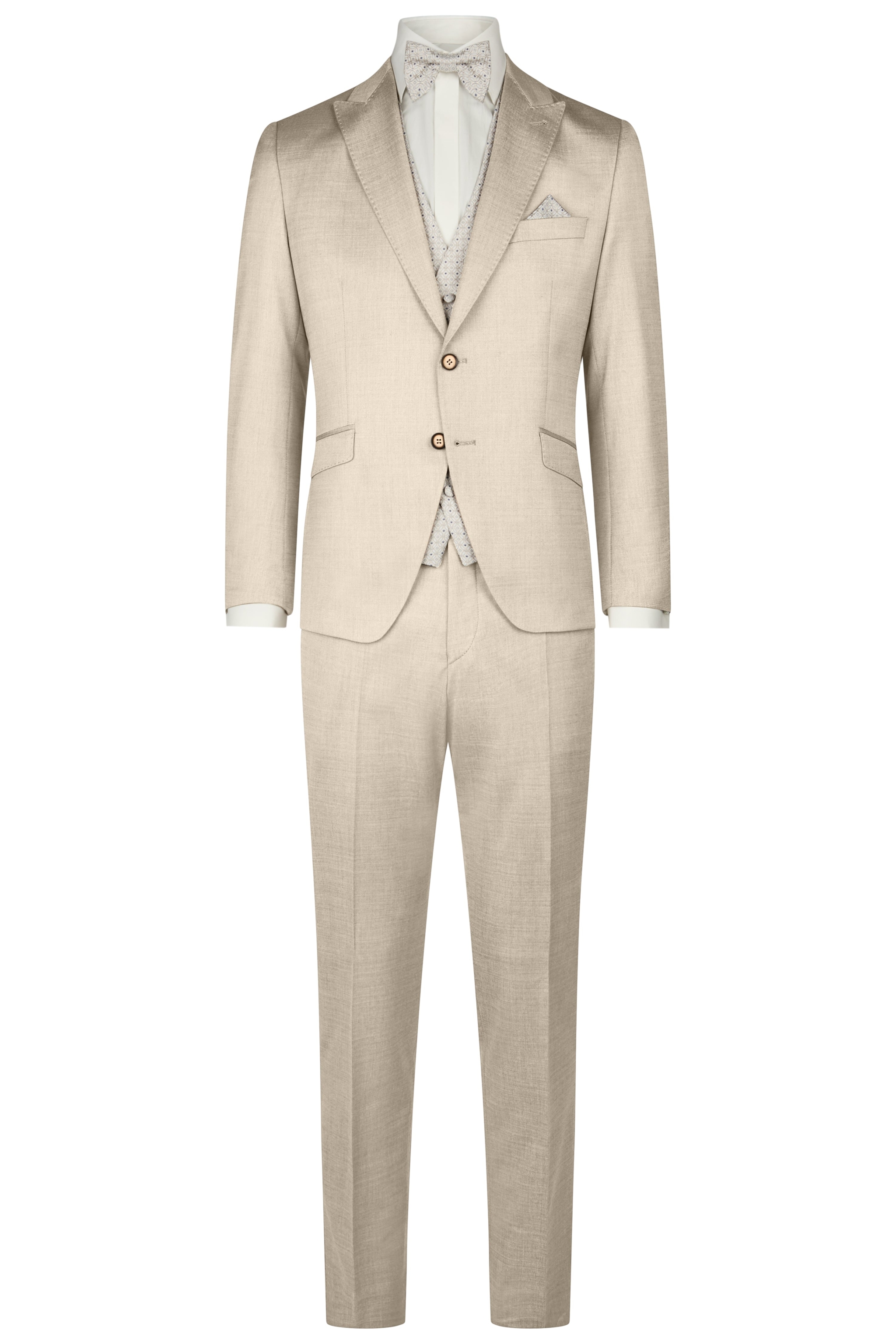 hochzeitsrausch Brautmoden - Wilvorst Bräutigam-Anzug in Beige mit Weste und Fliege, elegant und stilvoll