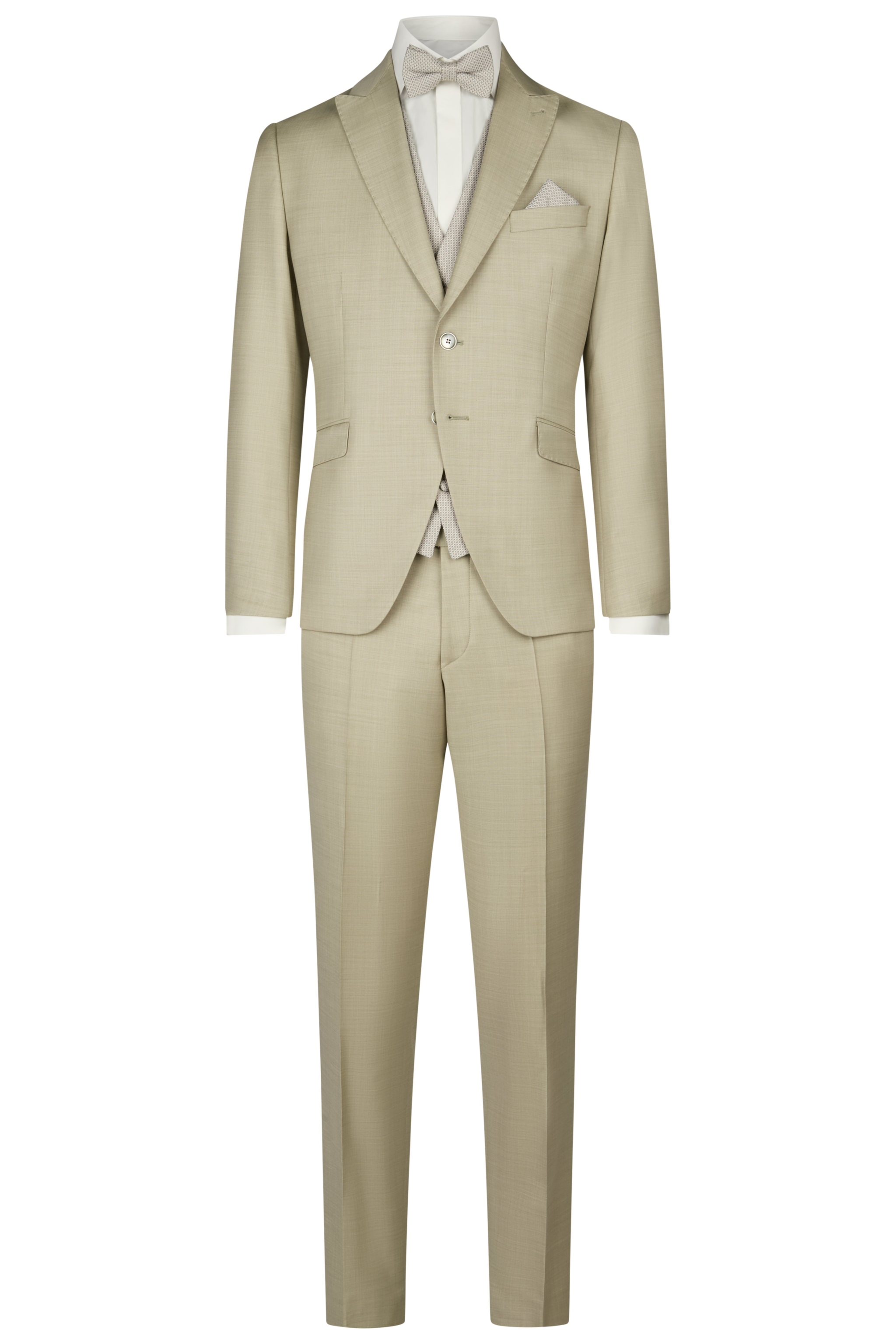 hochzeitsrausch Brautmoden - Wilvorst Bräutigam-Anzug in elegantem Beige mit passender Weste und Fliege