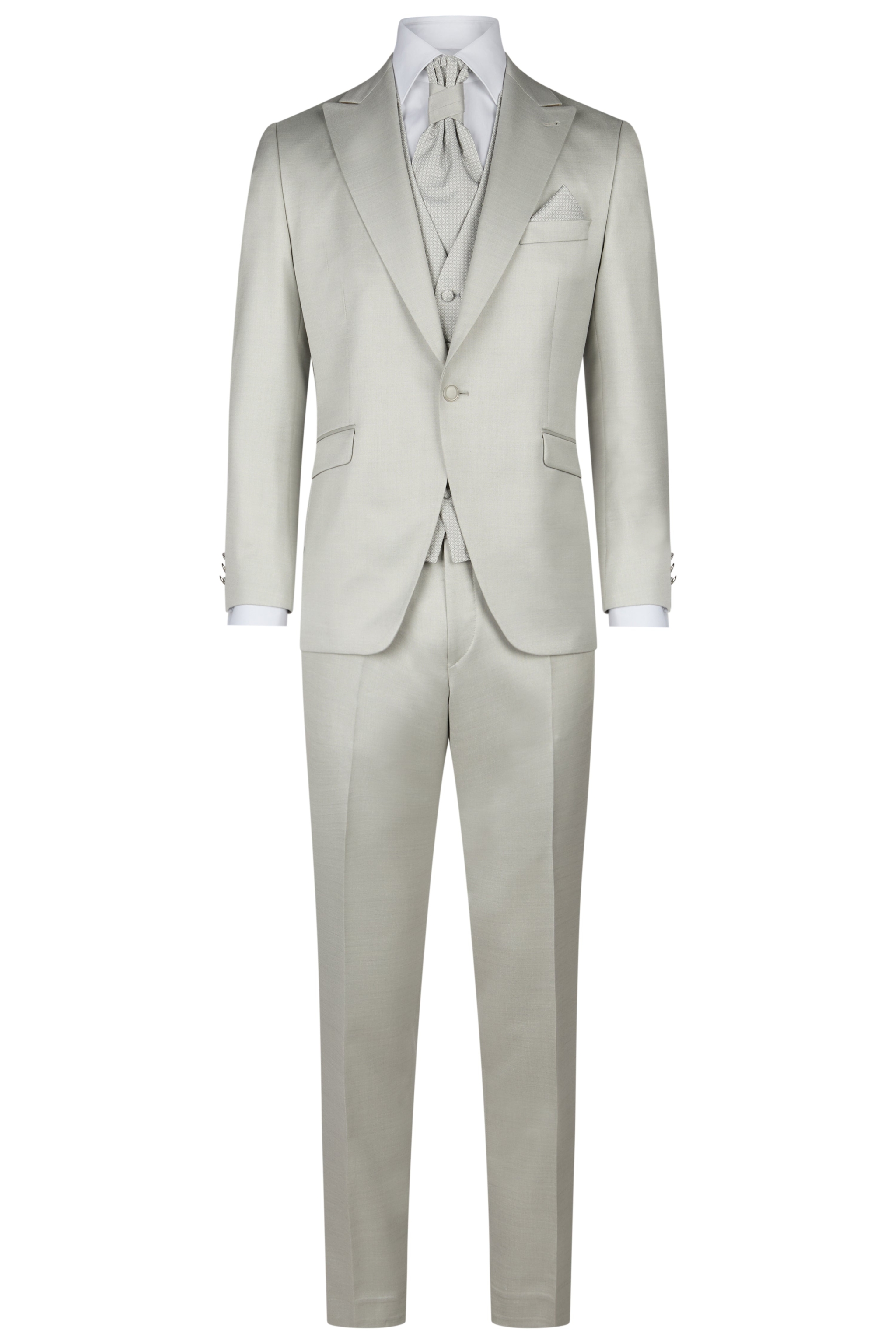 hochzeitsrausch Brautmoden - Eleganter Wilvorst Bräutigam-Anzug in hellem Beige mit Weste und Plastron, ideal für die Hochzeit