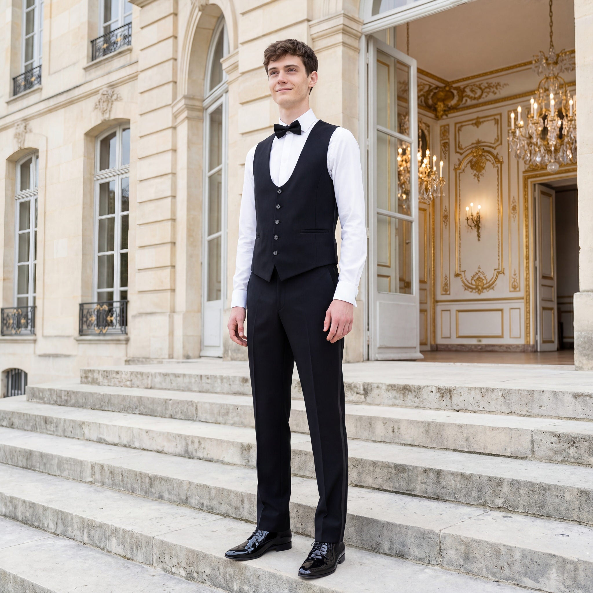 hochzeitsrausch Brautmoden - Eleganter Bräutigam-Anzug mit Weste und Fliege vor historischem Gebäude