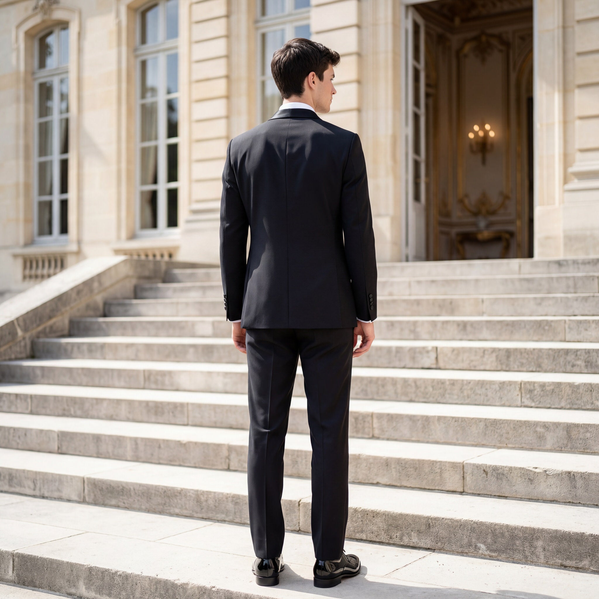 hochzeitsrausch Brautmoden - Eleganter Bräutigam-Anzug in Schwarz vor historischer Kulisse, ideal für stilvolle Hochzeiten
