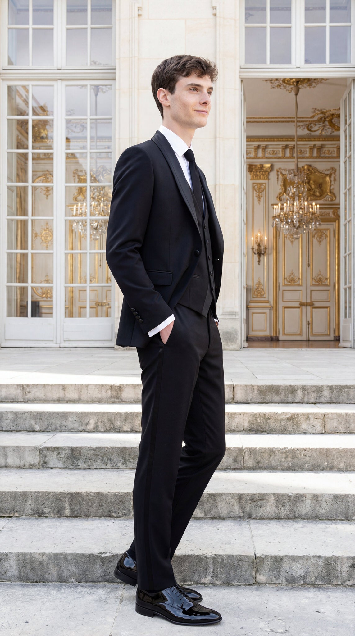 hochzeitsrausch Brautmoden - Eleganter Bräutigam-Anzug in Schwarz vor prächtiger Kulisse, ideal für stilvolle Hochzeiten