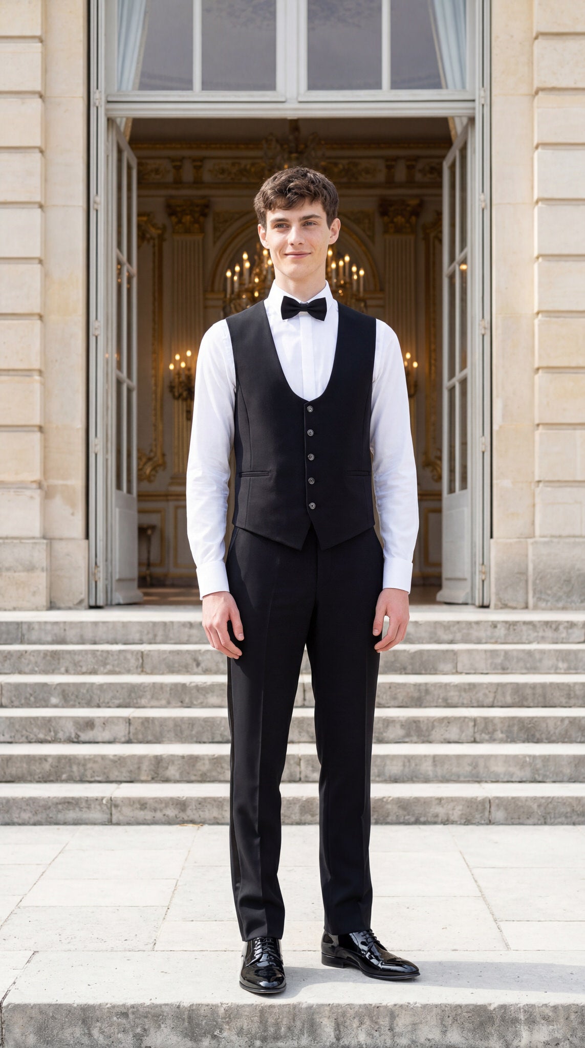 hochzeitsrausch Brautmoden - Eleganter Bräutigam-Anzug in Schwarz mit Weste und Fliege vor klassischer Kulisse