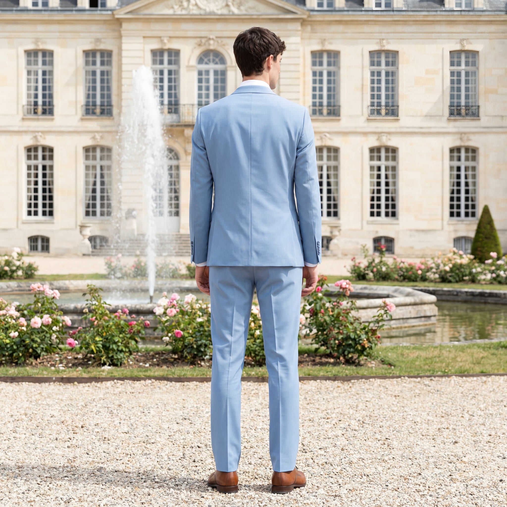 hochzeitsrausch Brautmoden - Eleganter hellblauer Bräutigam-Anzug vor historischem Gebäude im Gartenambiente