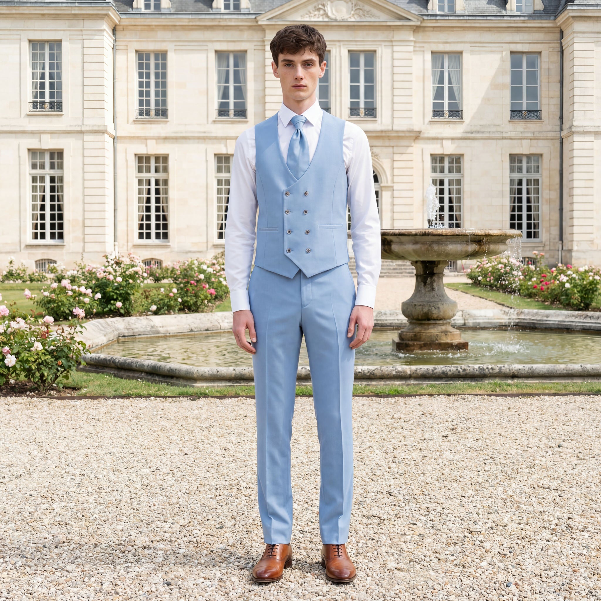 hochzeitsrausch Brautmoden - Eleganter hellblauer Bräutigam-Anzug mit Weste vor klassischem Herrenhaus