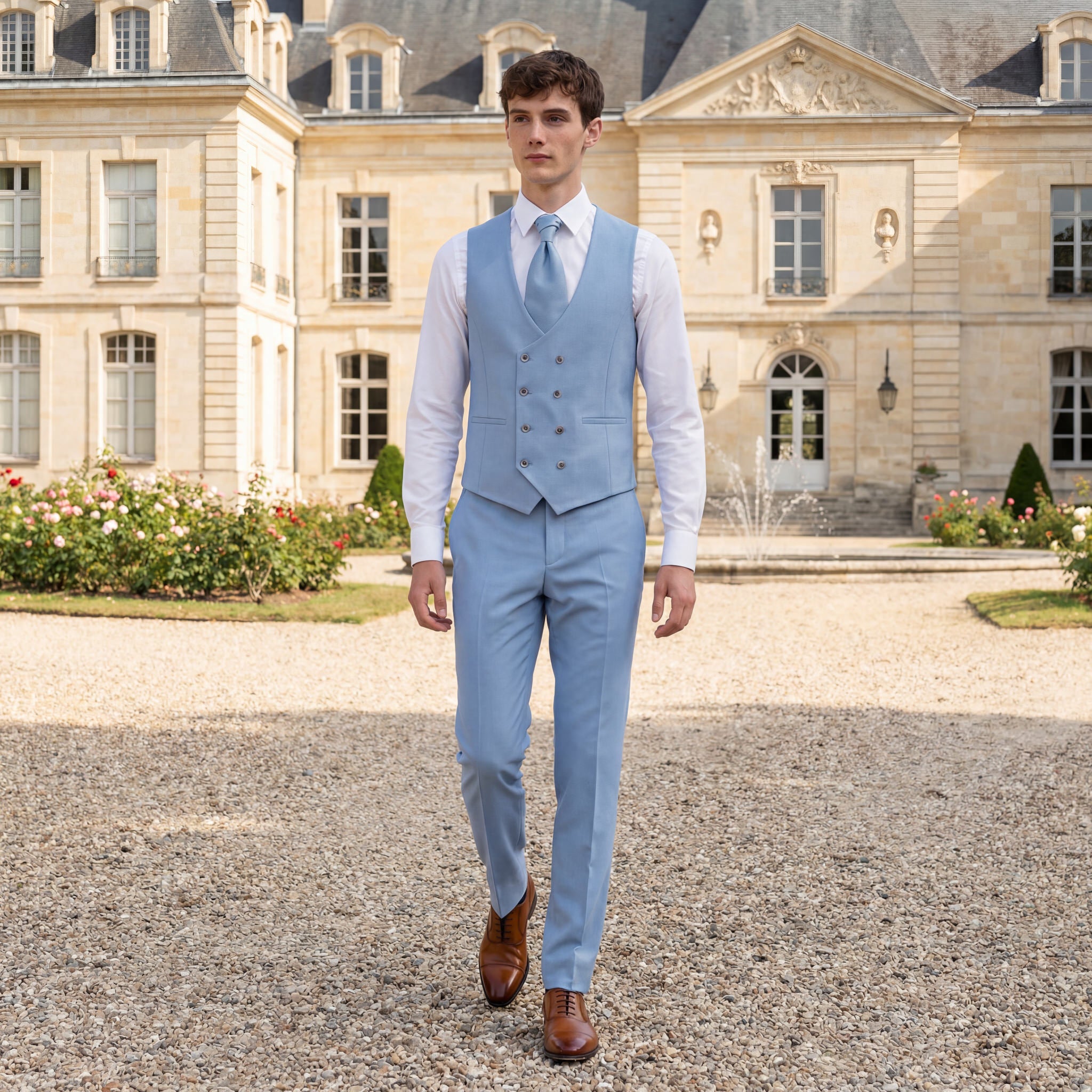 hochzeitsrausch Brautmoden - Eleganter hellblauer Bräutigam-Anzug von Wilvorst vor historischem Gebäude