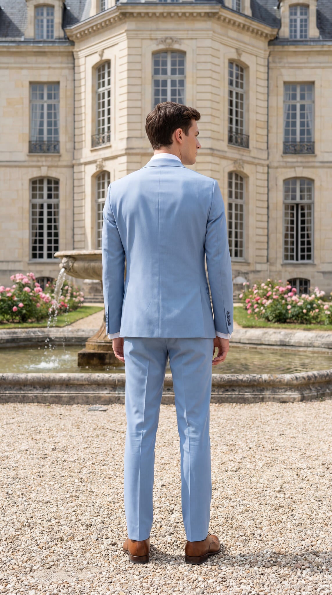 hochzeitsrausch Brautmoden - Eleganter hellblauer Bräutigam-Anzug vor historischer Kulisse, stilvoll und modern