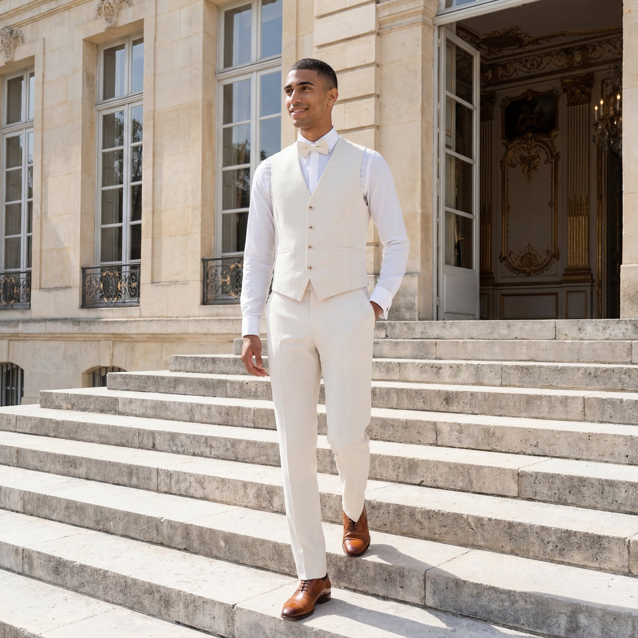 hochzeitsrausch Brautmoden - Eleganter Bräutigam-Anzug in Creme mit Weste und Fliege, stilvoll für die Hochzeit