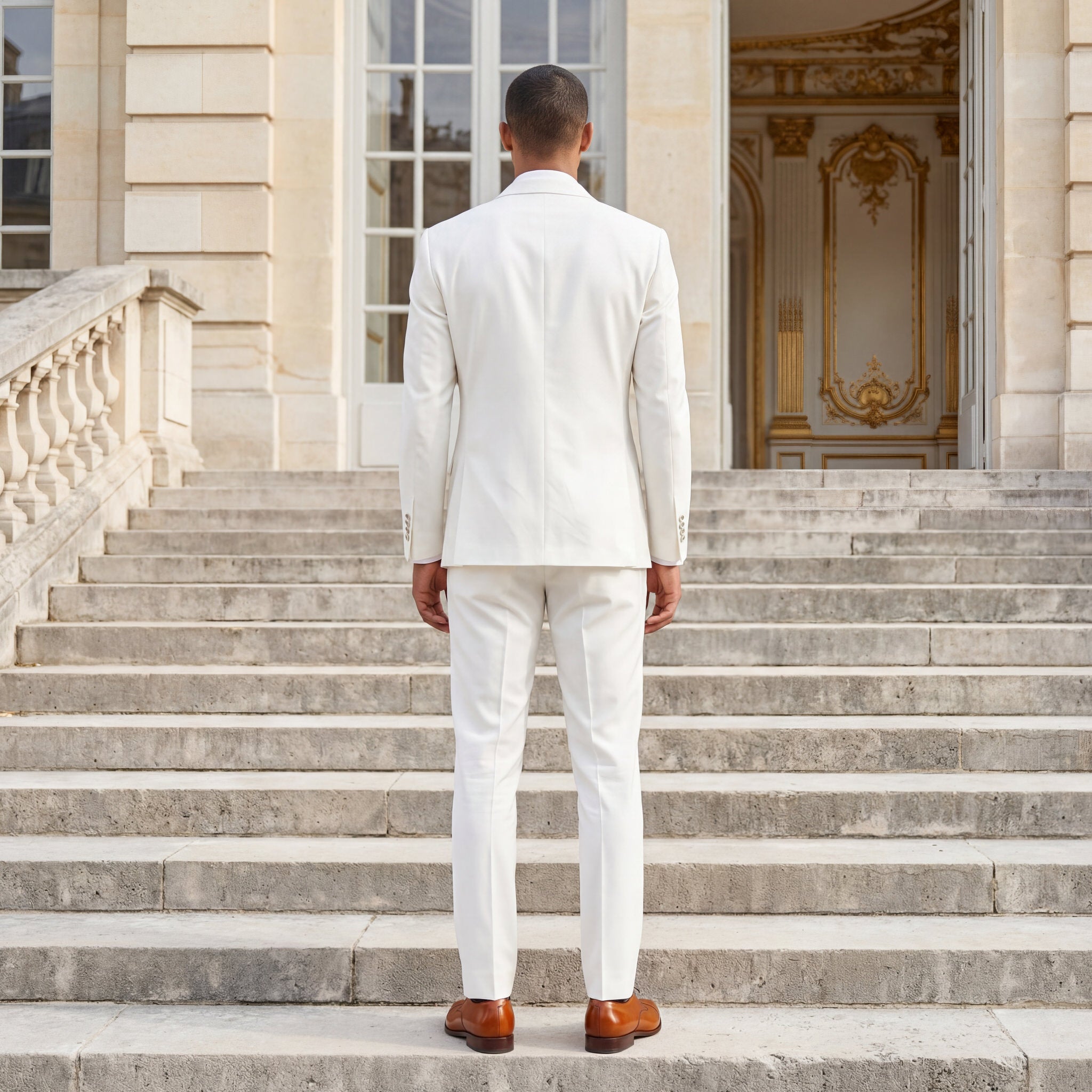 hochzeitsrausch Brautmoden - Eleganter Bräutigam-Anzug in Weiß auf Schloss-Treppe, stilvoll und zeitlos