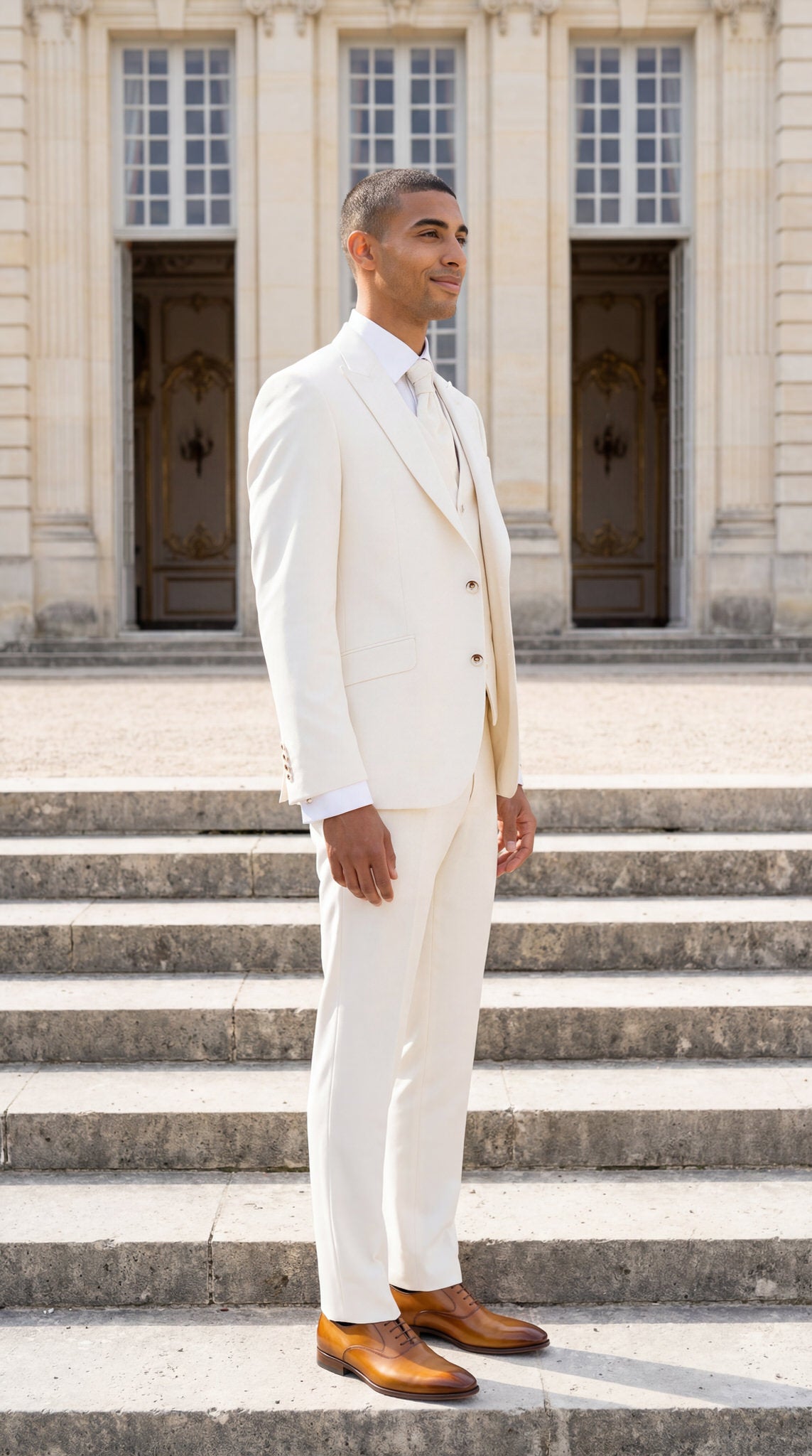 hochzeitsrausch Brautmoden - Eleganter Bräutigam-Anzug in Creme vor klassischer Kulisse, ideal für die Hochzeit