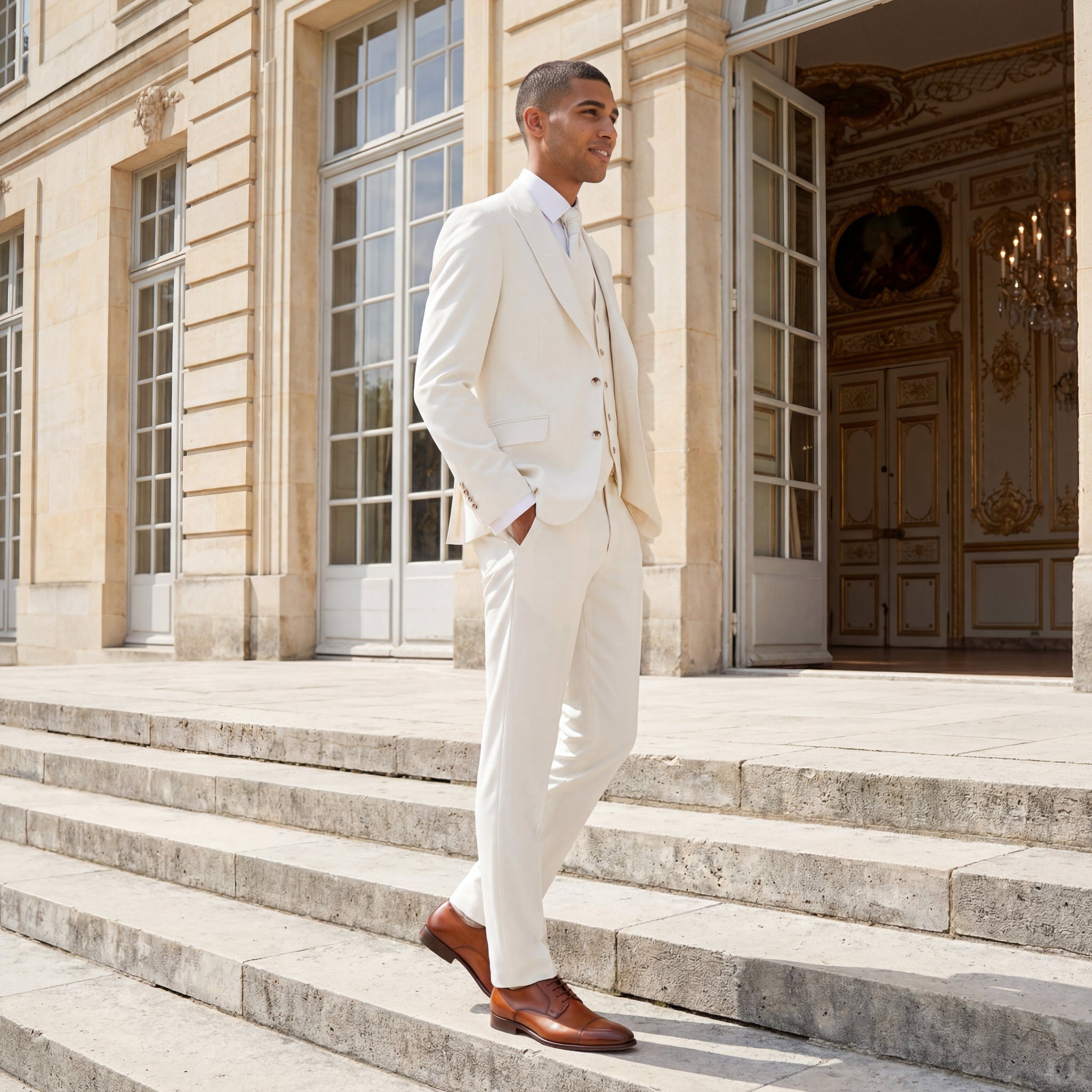 hochzeitsrausch Brautmoden - eleganter Bräutigam-Anzug in Creme, perfekt für stilvolle Hochzeiten